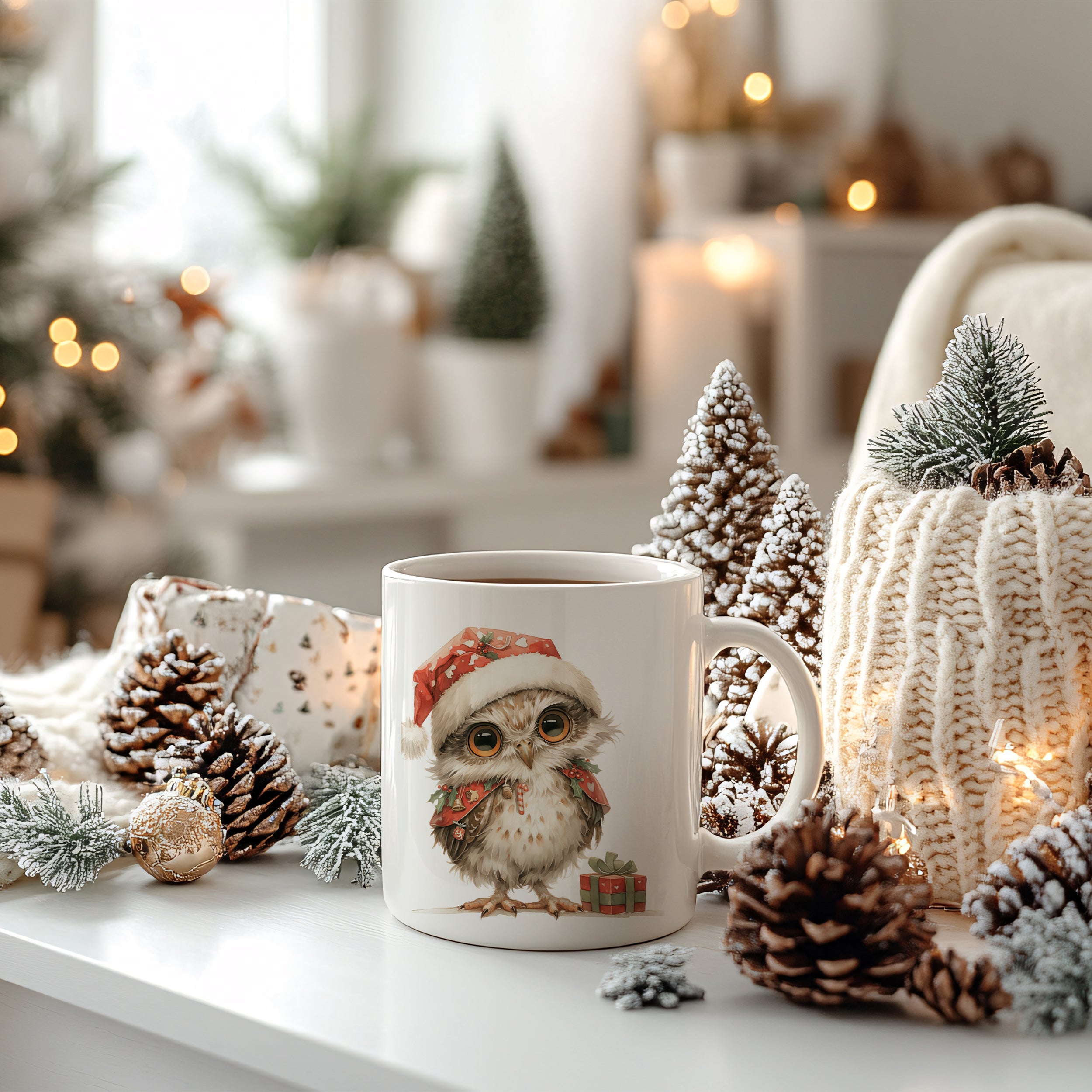 Weißer Becher mit Eule im Weihnachtsmann-Hut, winterliche Dekoration.