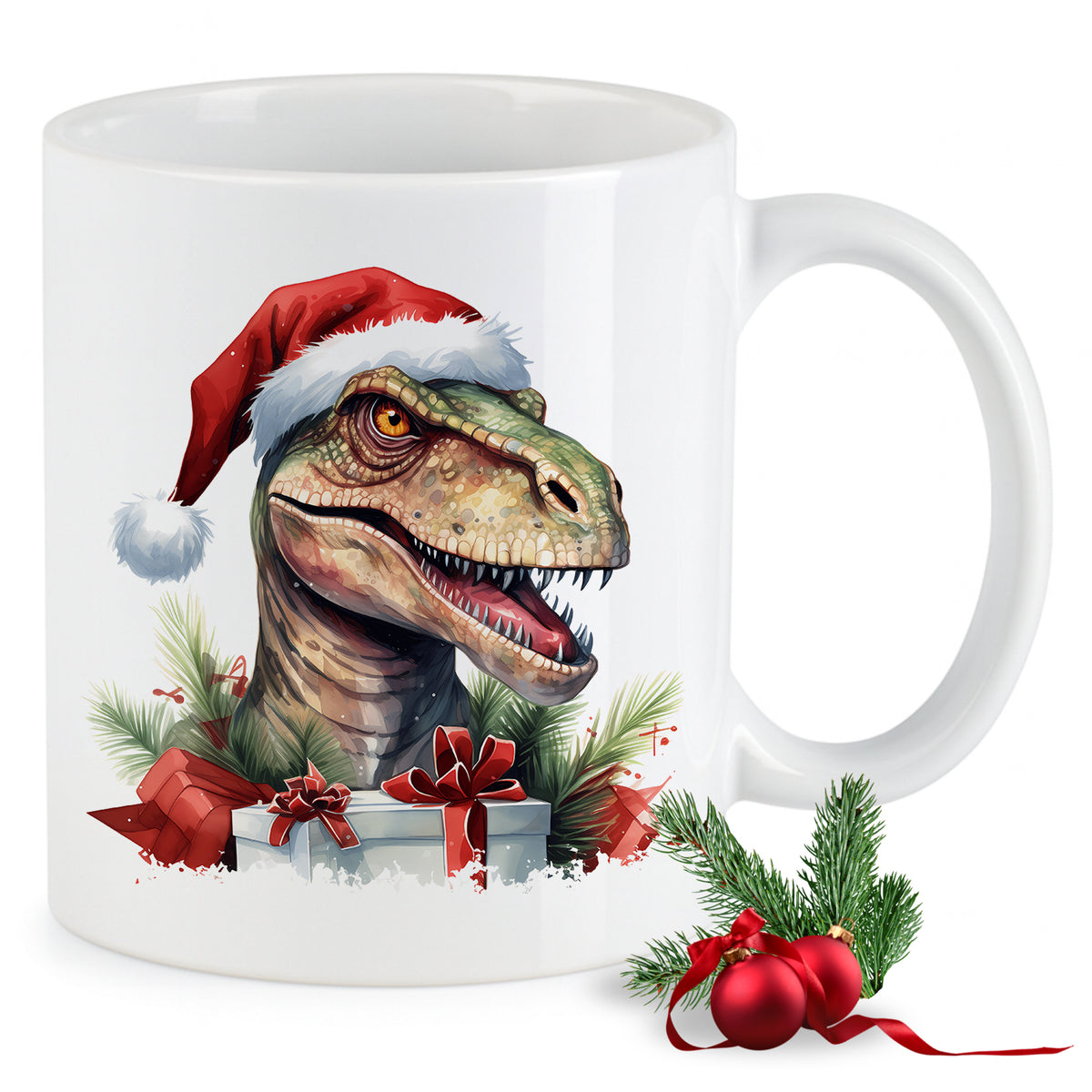 Weißer Becher mit Dinosaurier im Weihnachtsmann-Hut.