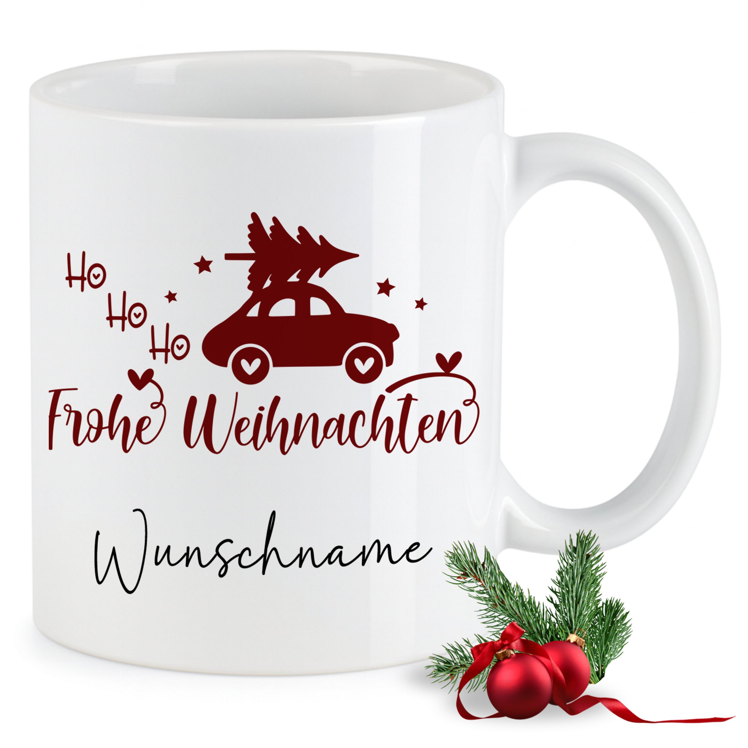 Weißer Weihnachtsbecher mit rotem Schriftzug und Wunschname.