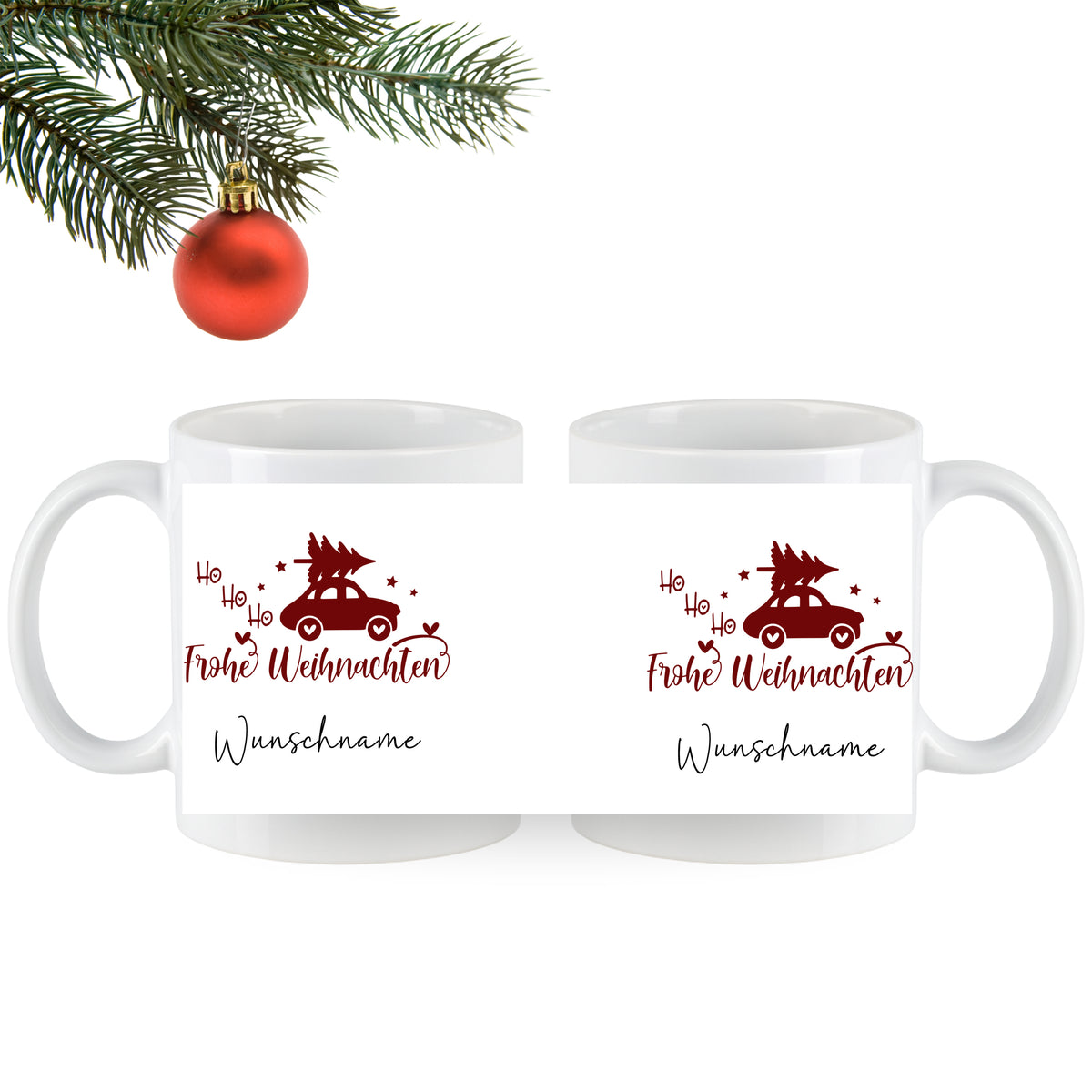 Weiße Tassen mit rotem Weihnachtsdesign und Wunschname.