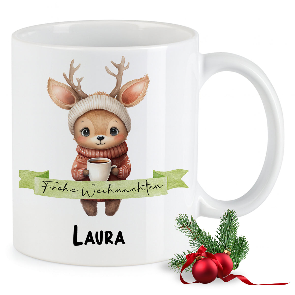 Weiße Tasse mit Weihnachtsmotiv und Name Laura.