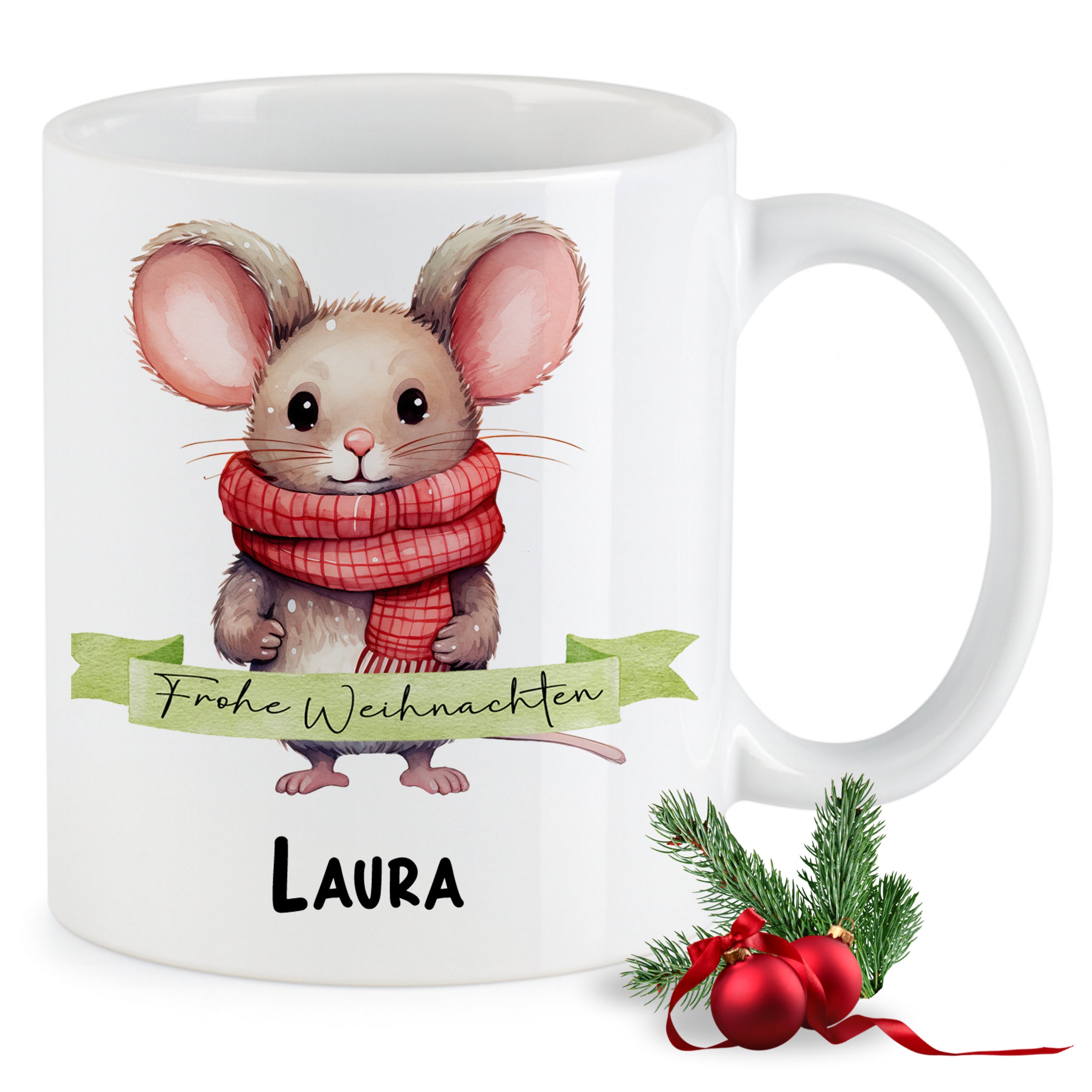 Weiße Tasse mit Weihnachtsmaus und personalisiertem Namen Laura.