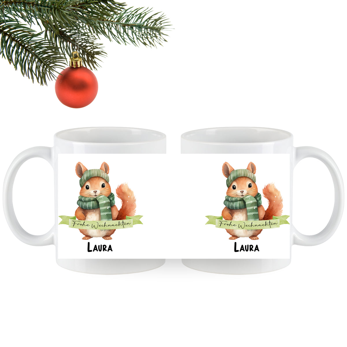 Tassen mit Eichhörnchen-Motiv und personalisiertem Namen.