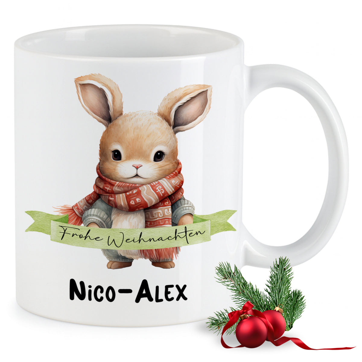 Weißer Becher mit niedlichem Weihnachtskaninchen und personalisiertem Namen.