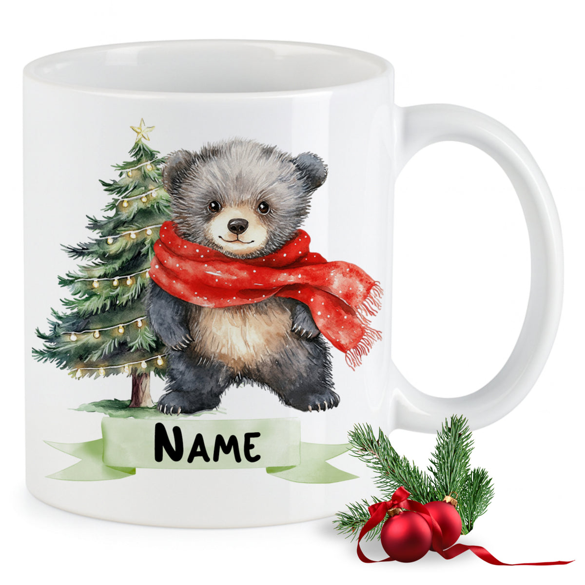 Weißer Becher mit Bären, Weihnachtsbaum und rotem Schal.