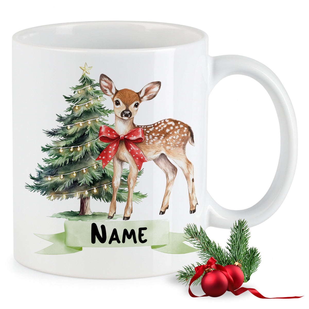 Tasse mit Reh, Weihnachtsbaum und personalisierbarem Namen.