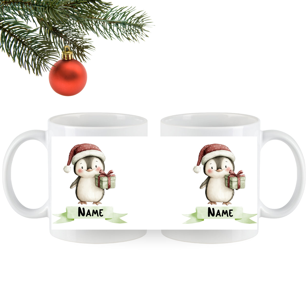 Weiße Tasse mit Weihnachts-Pinguin und Geschenken.