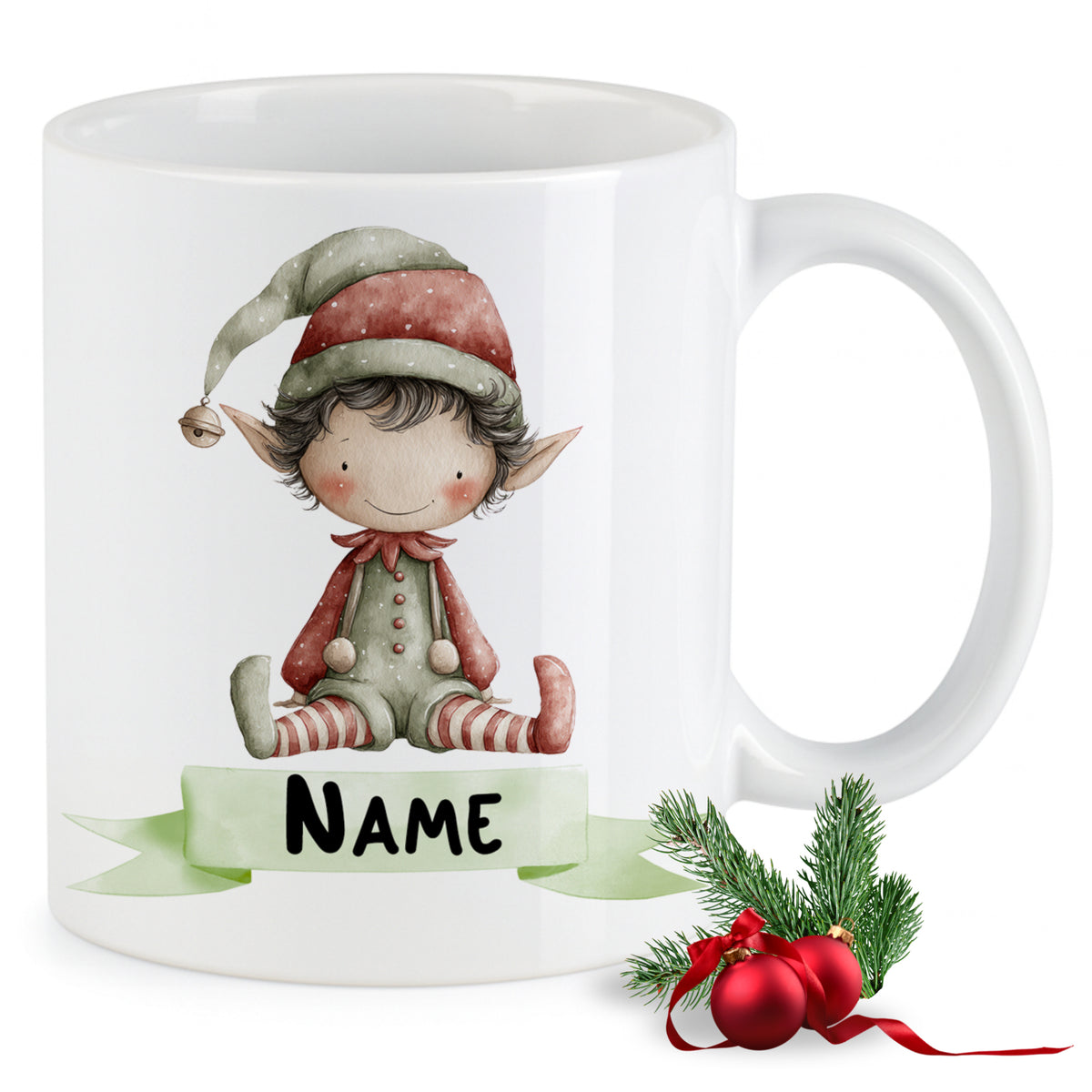 Weißer Becher mit Weihnachts-Elf und personalisierbarem Namen.