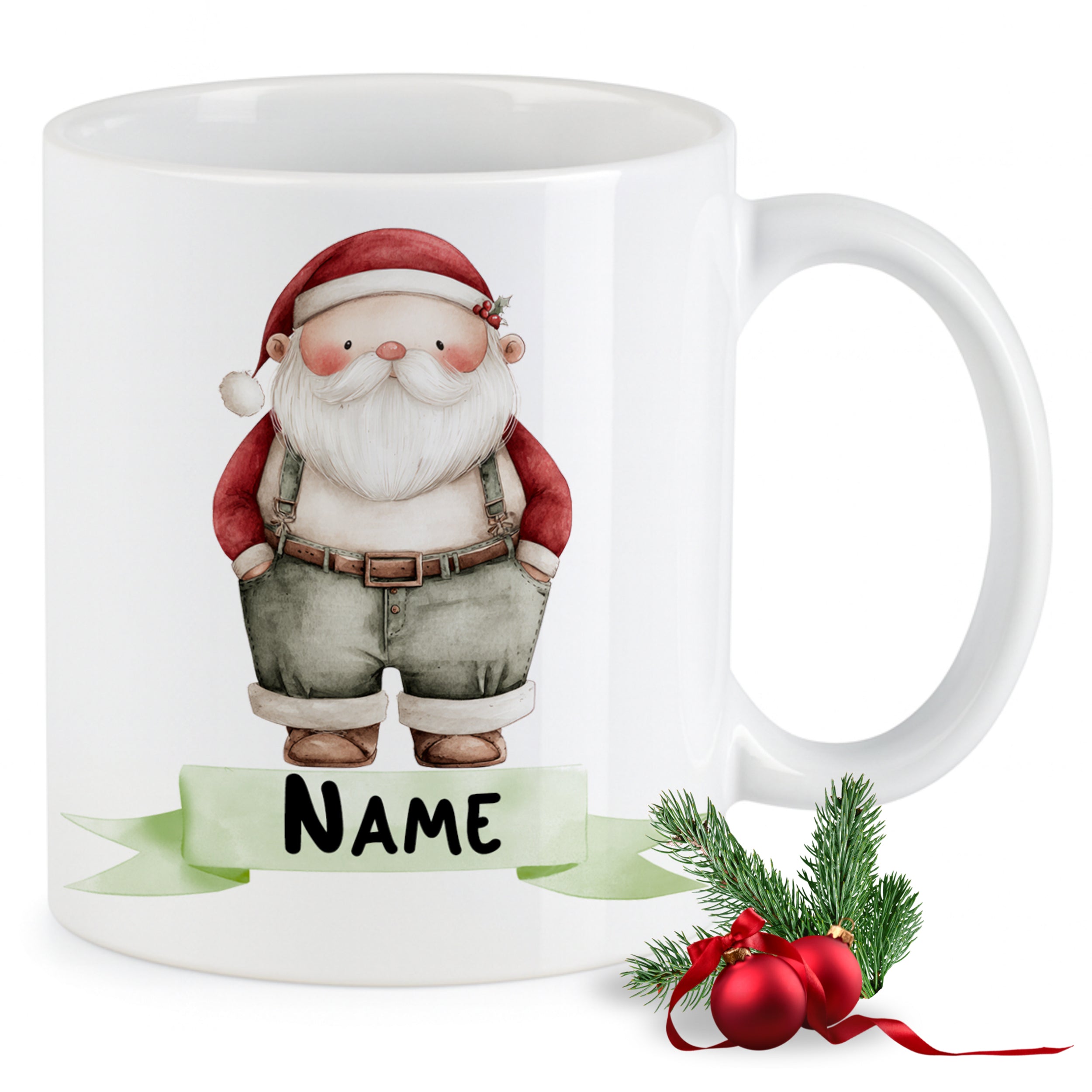 Weißer Becher mit Weihnachtsmann-Motiv und personalisierbarem Namen.