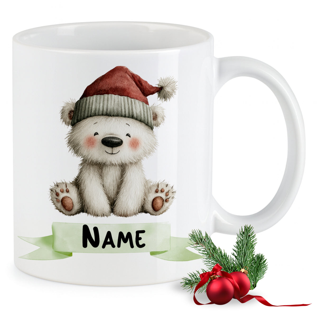Weißer Becher mit niedlichem Weihnachtsbären und personalisierbarem Namen.