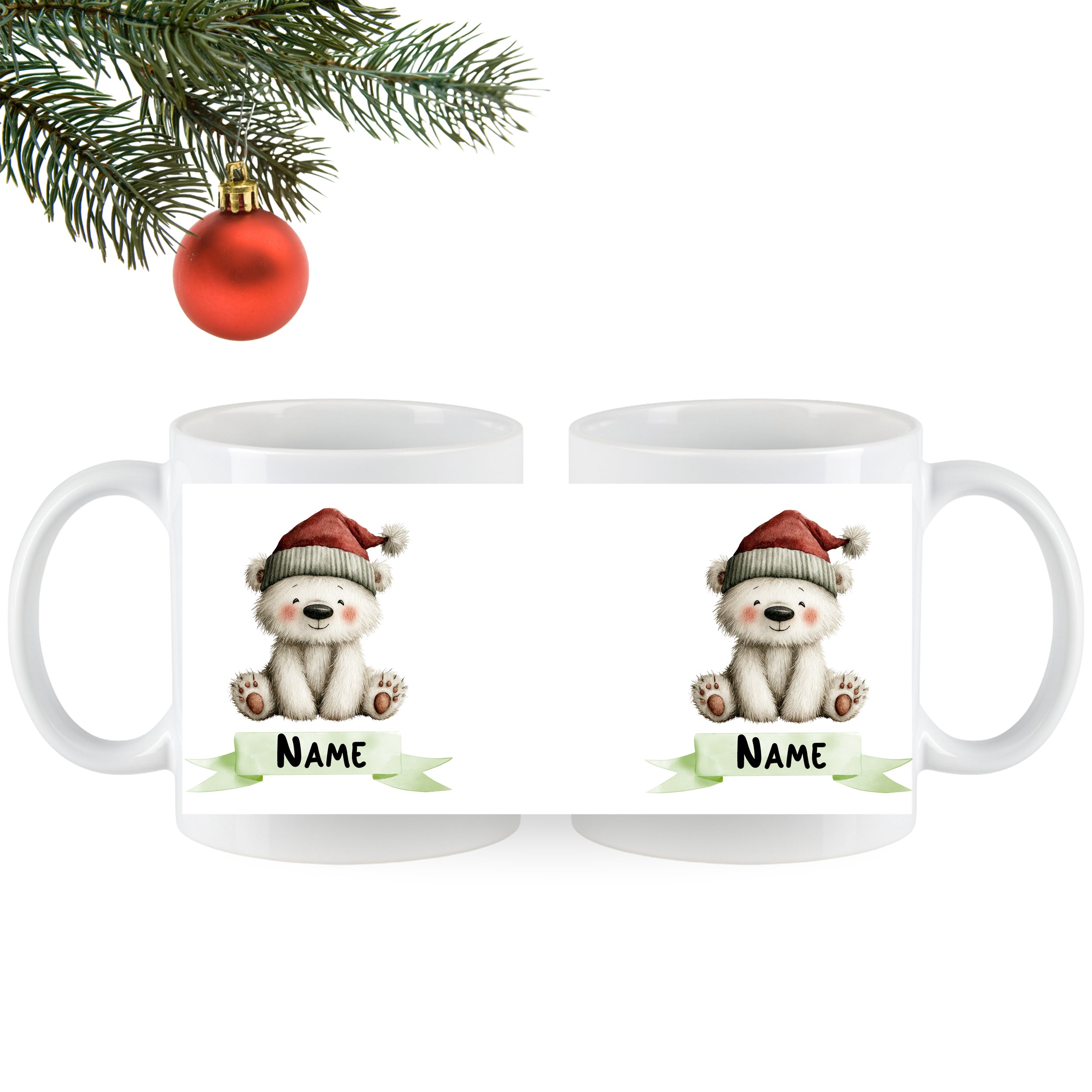 Tassen mit niedlichem Bärenmotiv und Weihnachtsmütze.