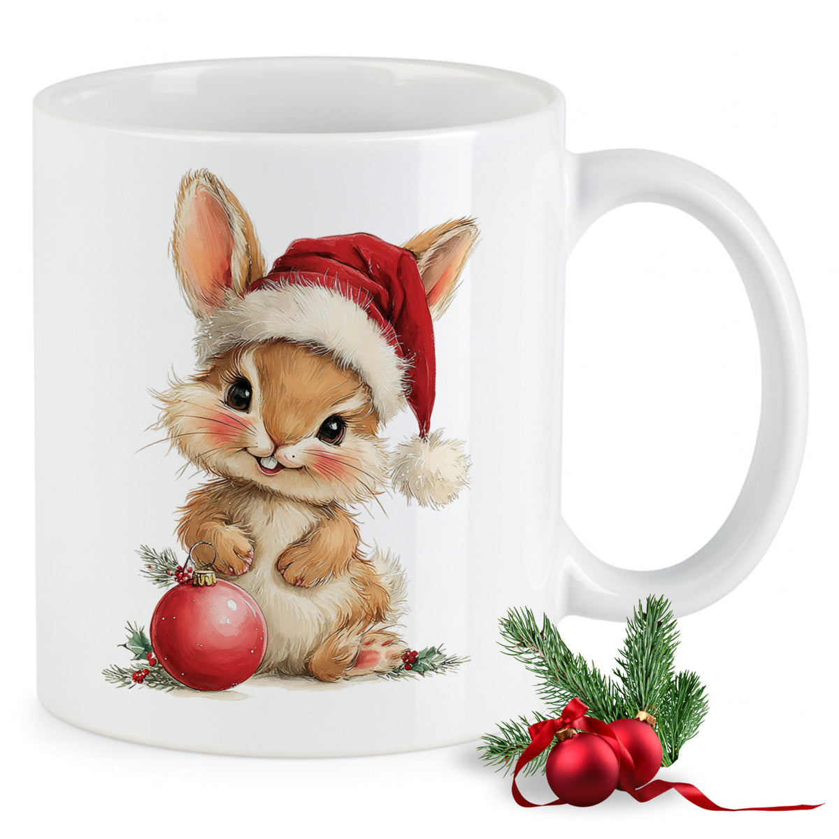 Weißer Becher mit niedlichem Weihnachtskaninchen und rotem Hut.