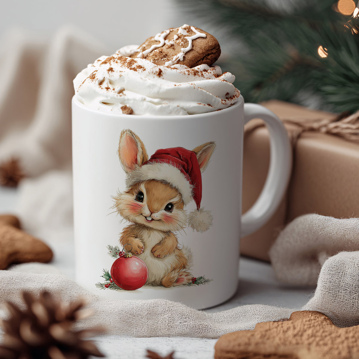 Weißer Becher mit Weihnachtskaninchen und roter Kugel.