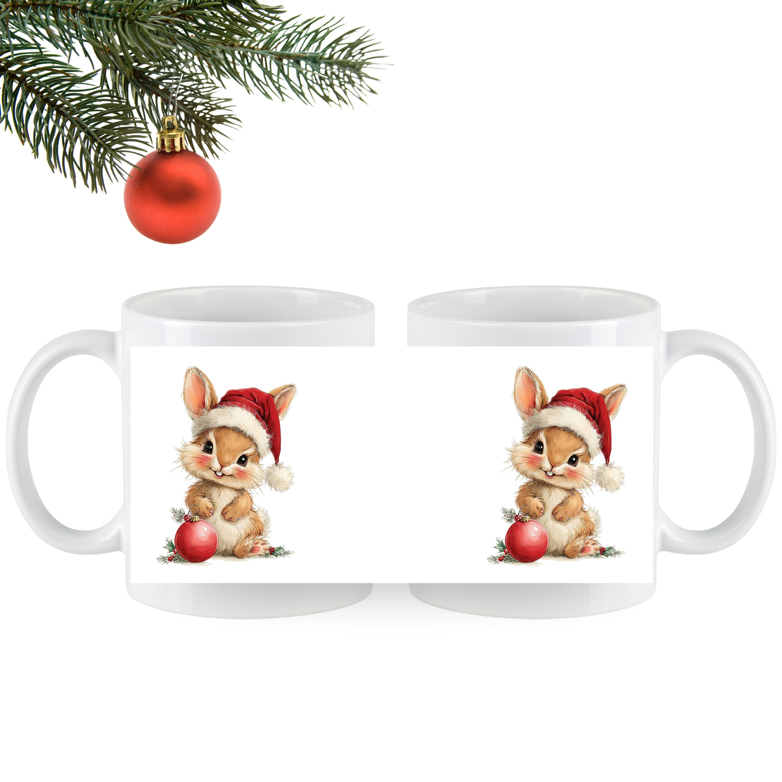 Weihnachtliche Tasse mit niedlichem Hasen im Weihnachtsmann-Hut.