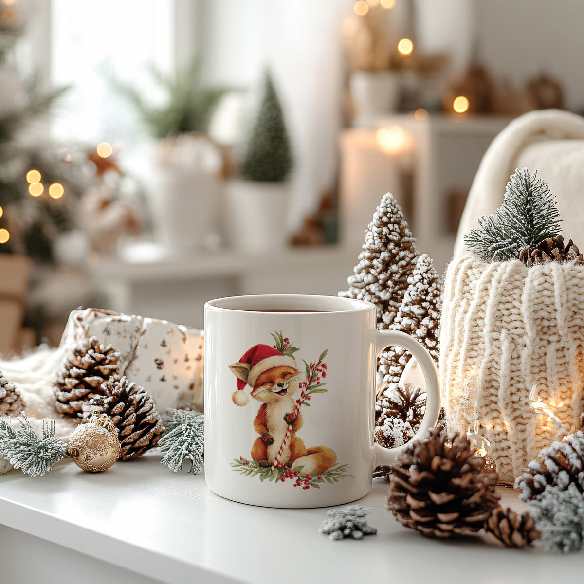Weißer Becher mit Fuchs-Motiv und Weihnachtsmütze.