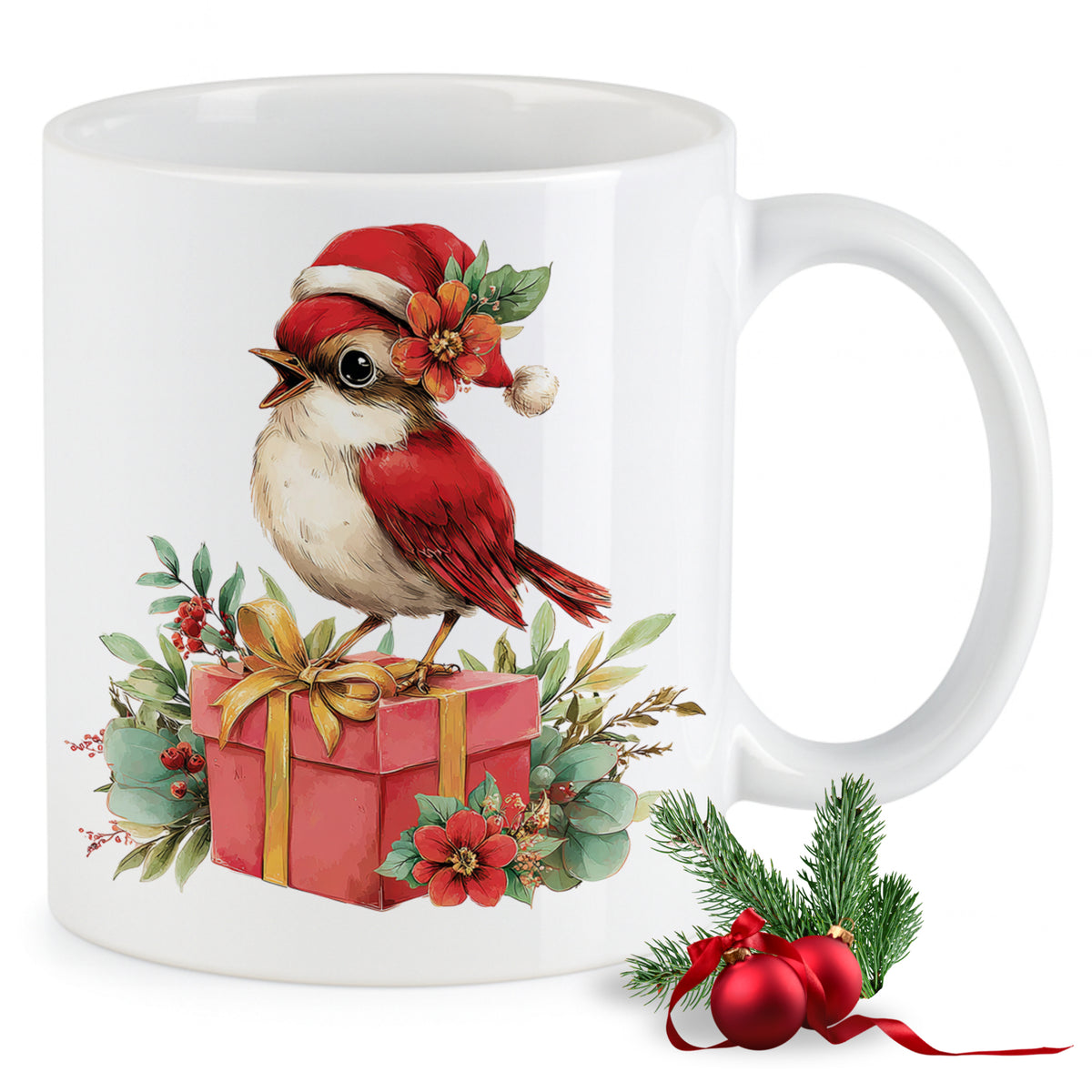 Weiße Tasse mit rotem Vogel, Weihnachtsgeschenk und Blumen.