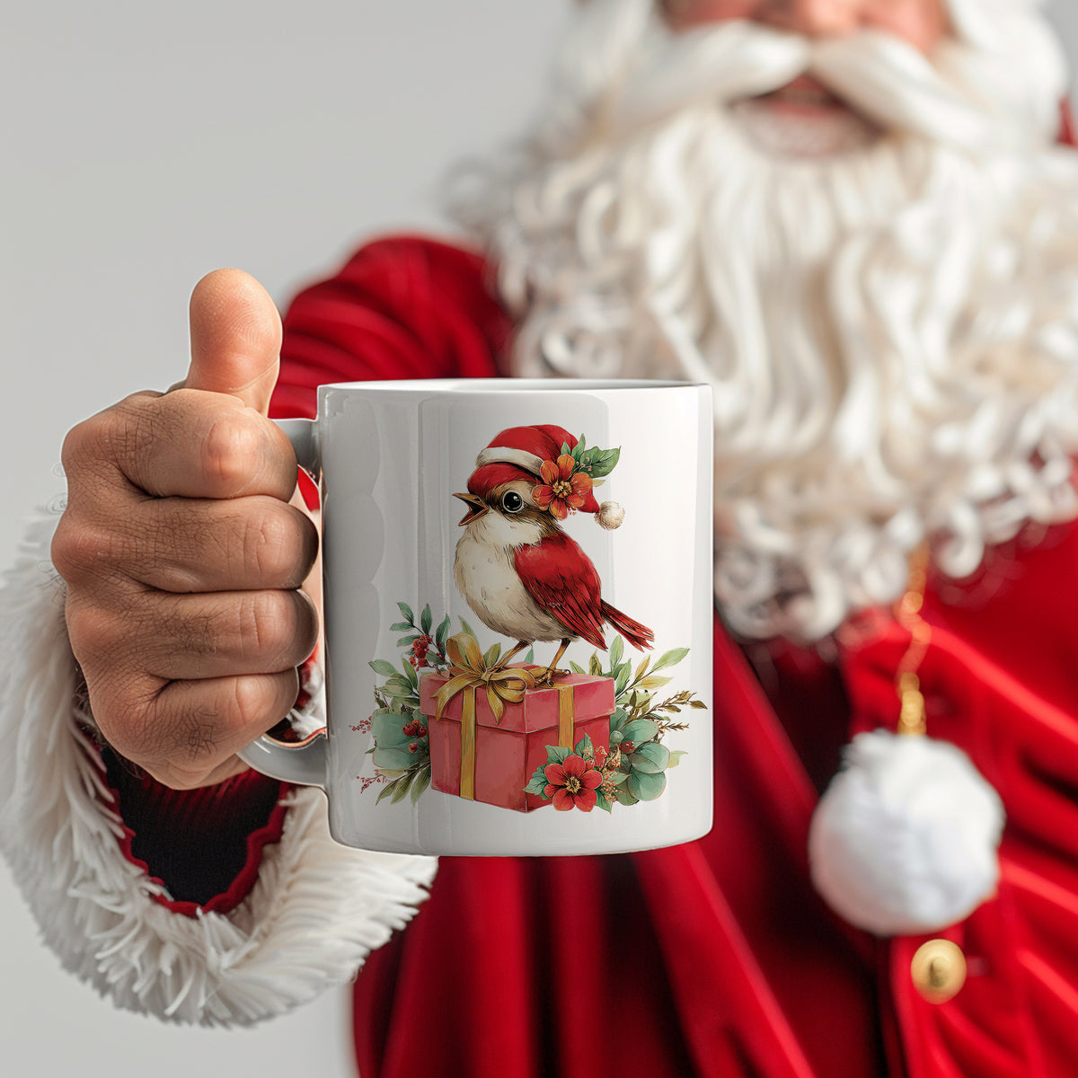 Tasse mit Vogelmotiv und Weihnachtsgeschenk, rot-weiß.