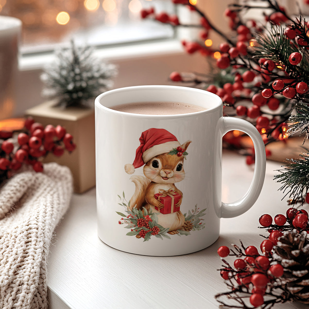Weißer Becher mit einem Eichhörnchen im Weihnachtsmann-Hut.