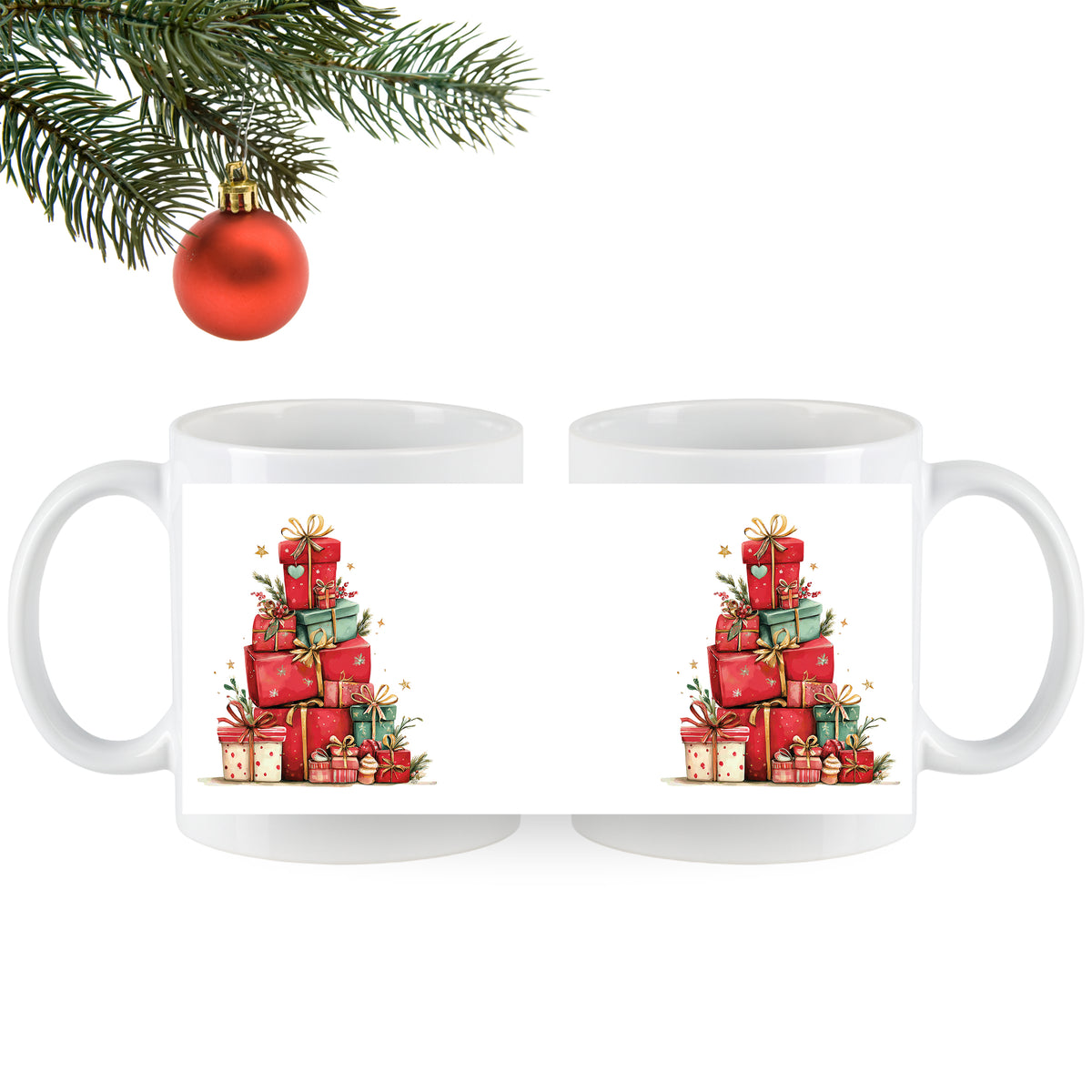 Weiße Tassen mit roten Geschenken und grünen Schleifen.