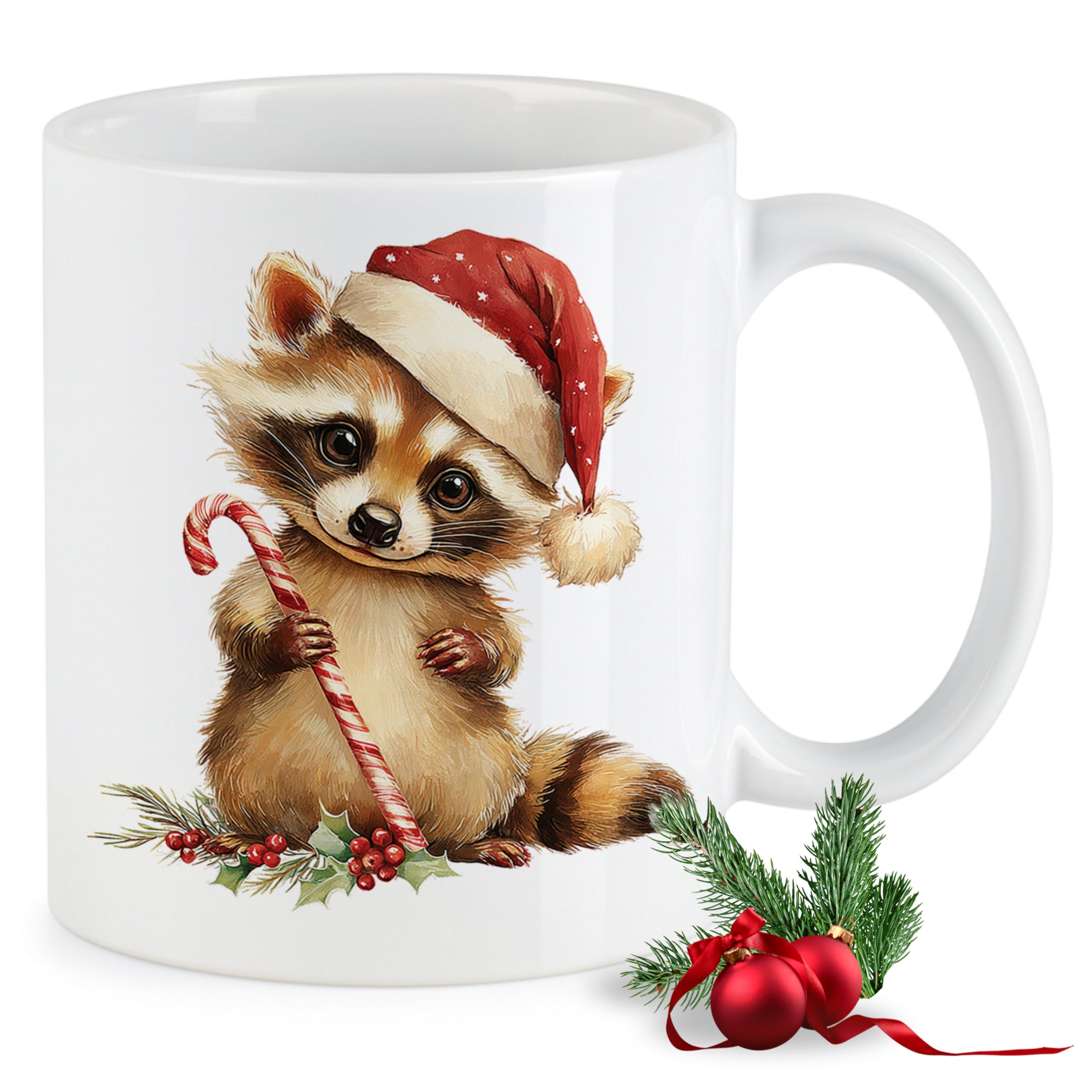 Weißer Becher mit niedlichem Waschbären im Weihnachtsmann-Hut.