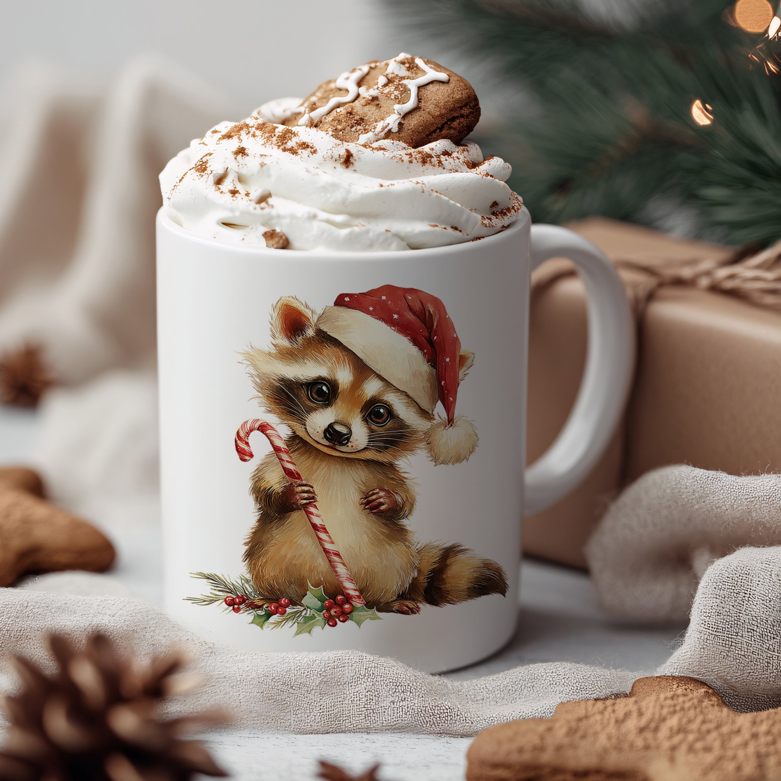 Weißer Becher mit Weihnachtswaschbär und Zuckerstange.