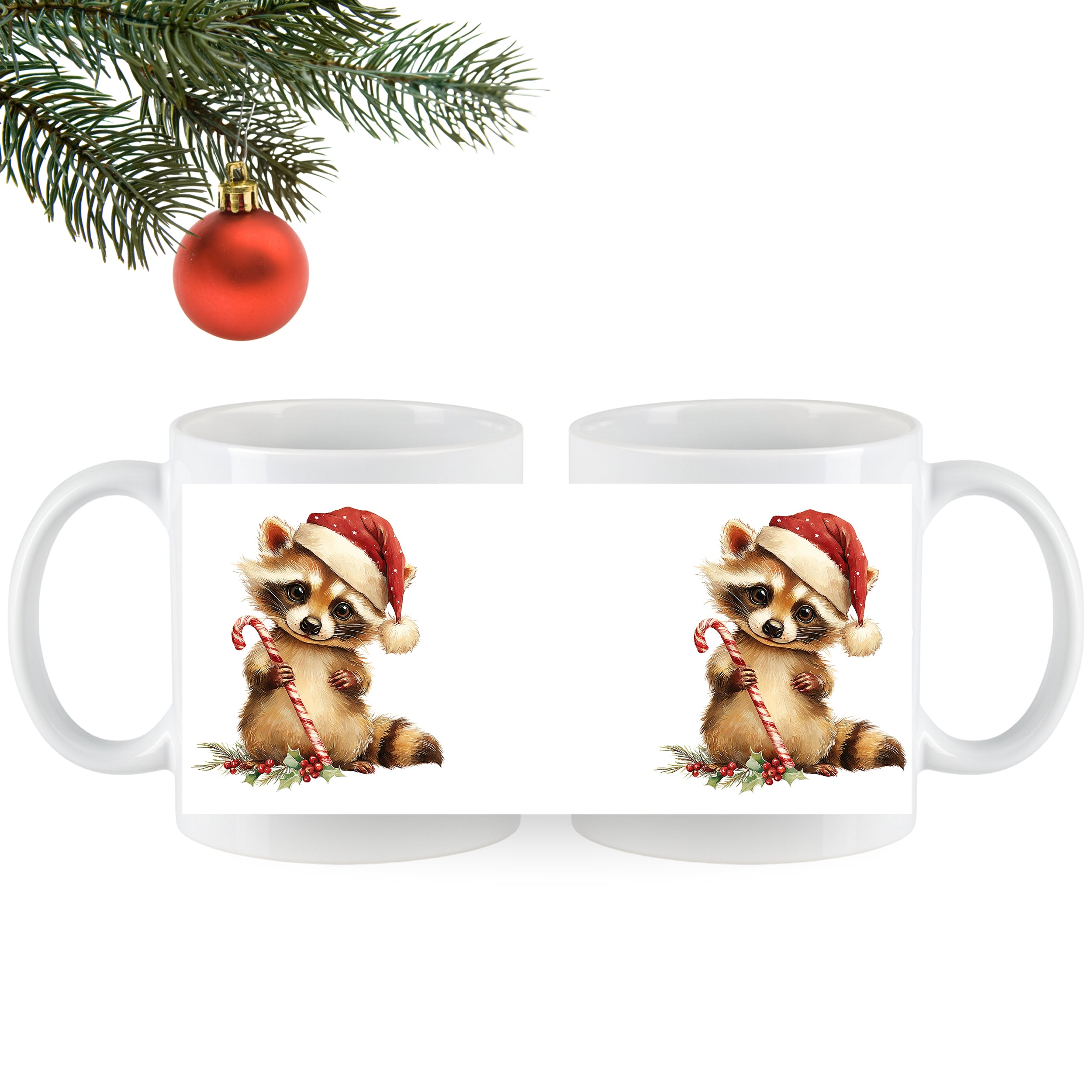 Weiße Tassen mit niedlichen Waschbären im Weihnachtsmann-Hut.