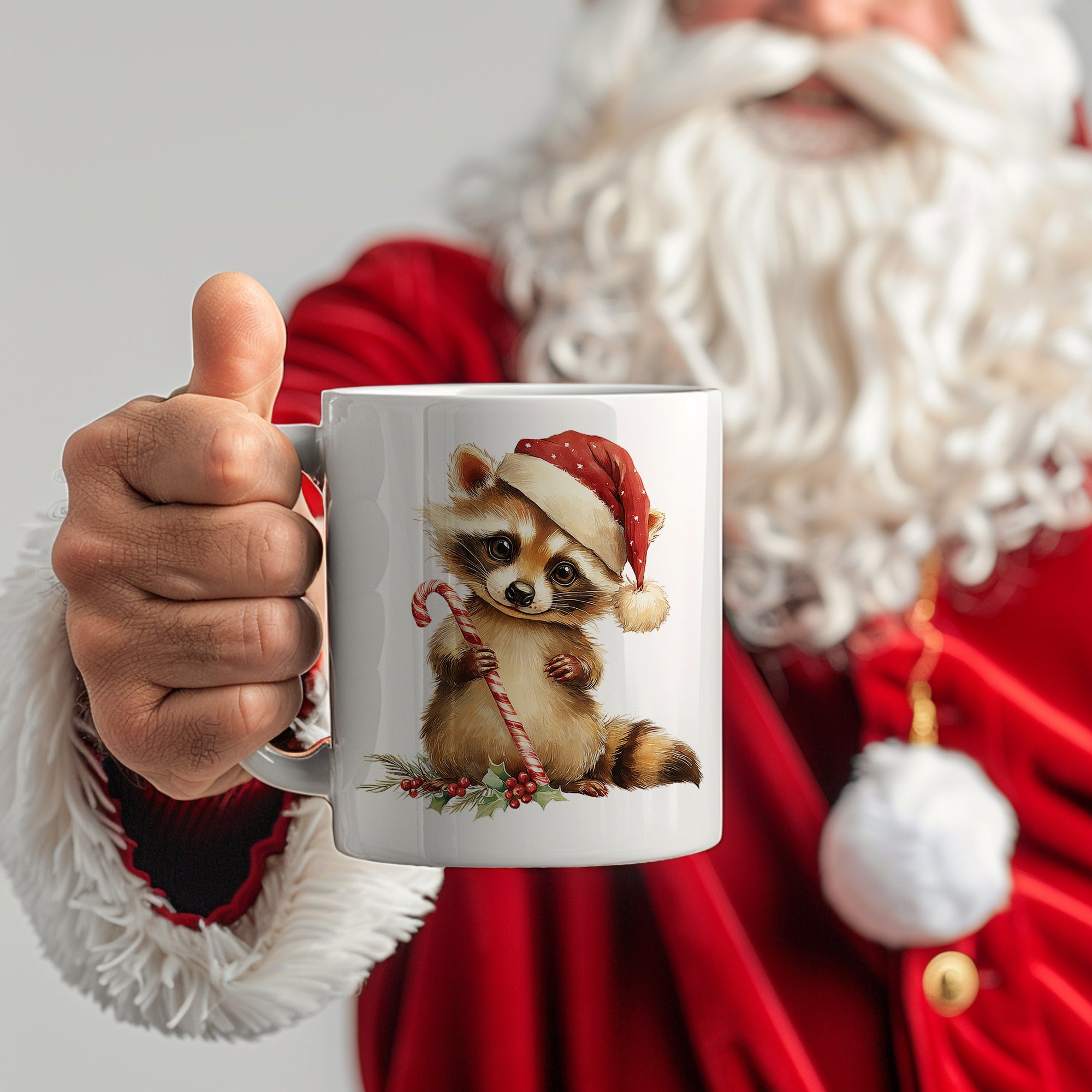 Tasse mit einem niedlichen Waschbären im Weihnachtsmütze.