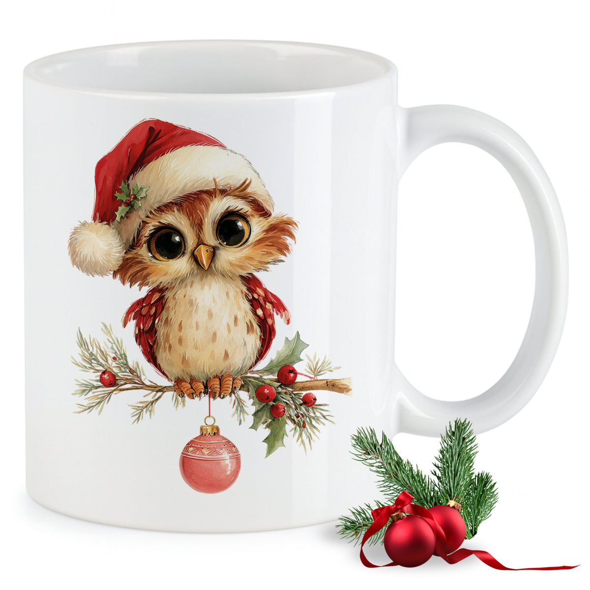 Weißer Becher mit Weihnachts-Eule und rotem Hut.
