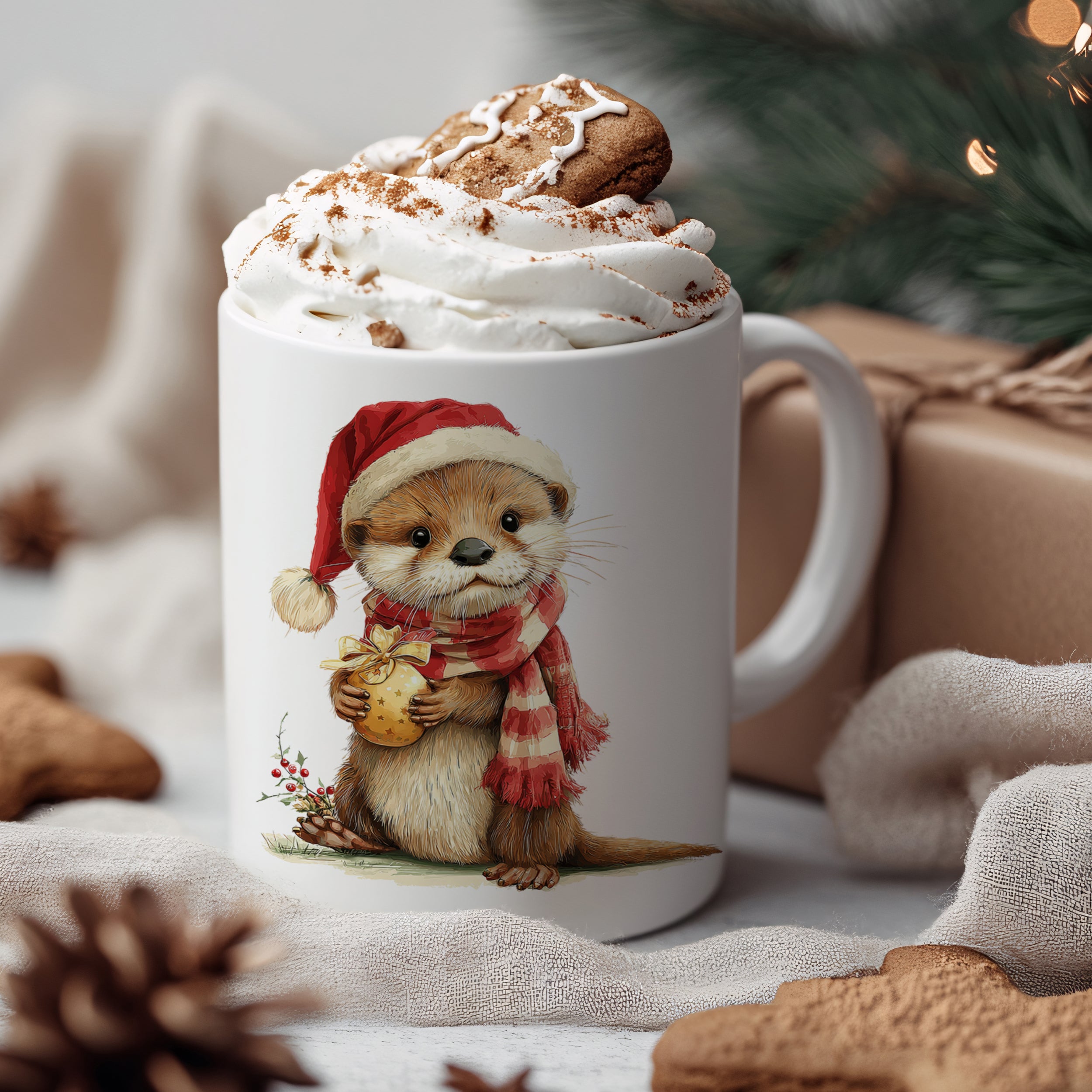 Weißer Becher mit Weihnachtsotter, rotem Hut und Schal.