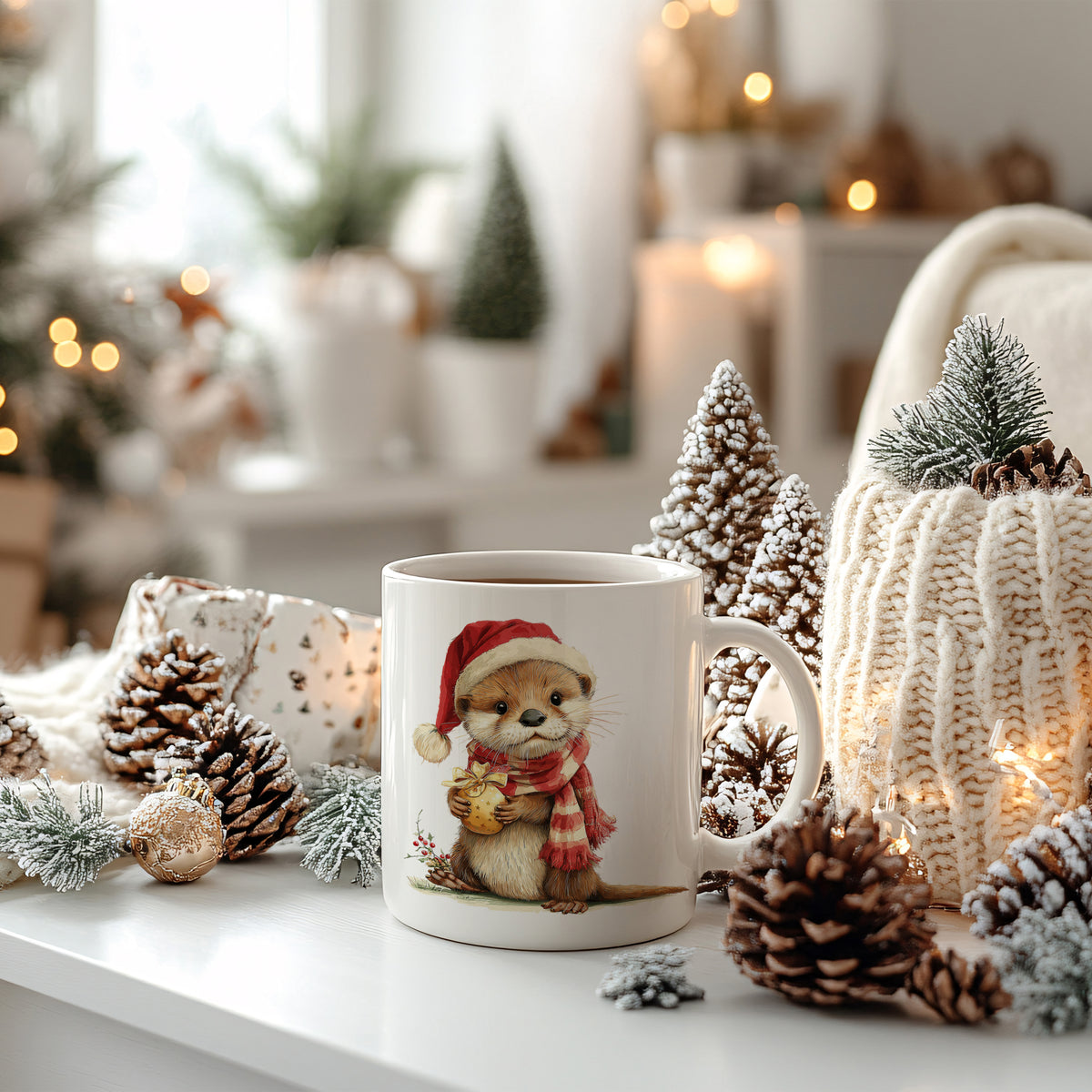 Tasse mit niedlichem Tier im Weihnachtsmann-Outfit, winterliche Dekoration.