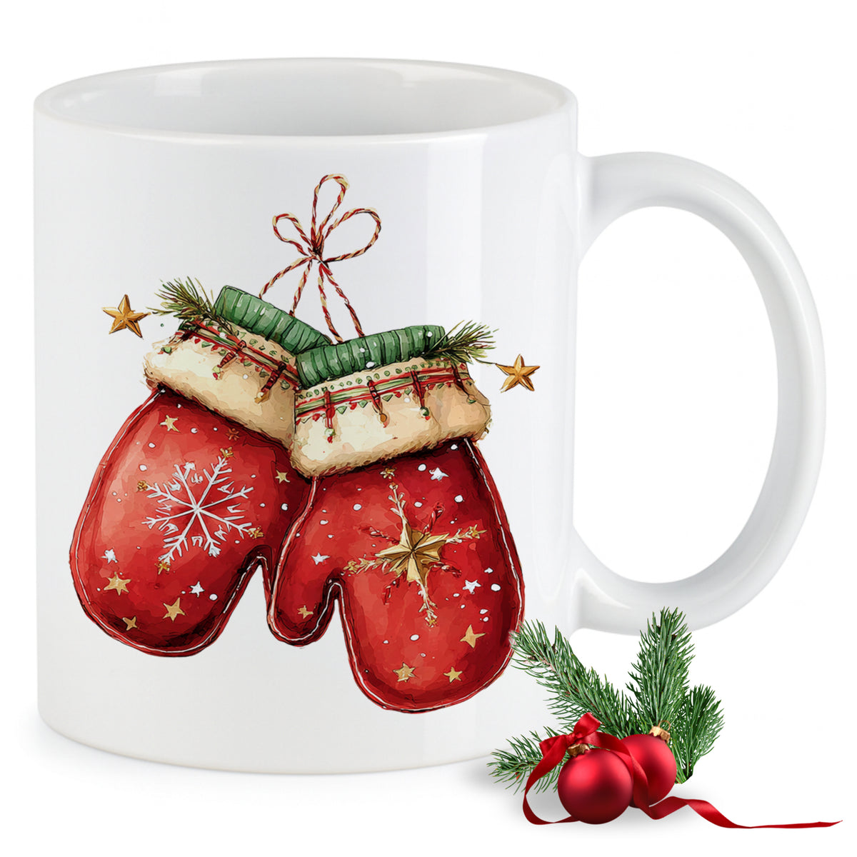 Weißer Becher mit roten Weihnachts-Handschuhen und Sternen.