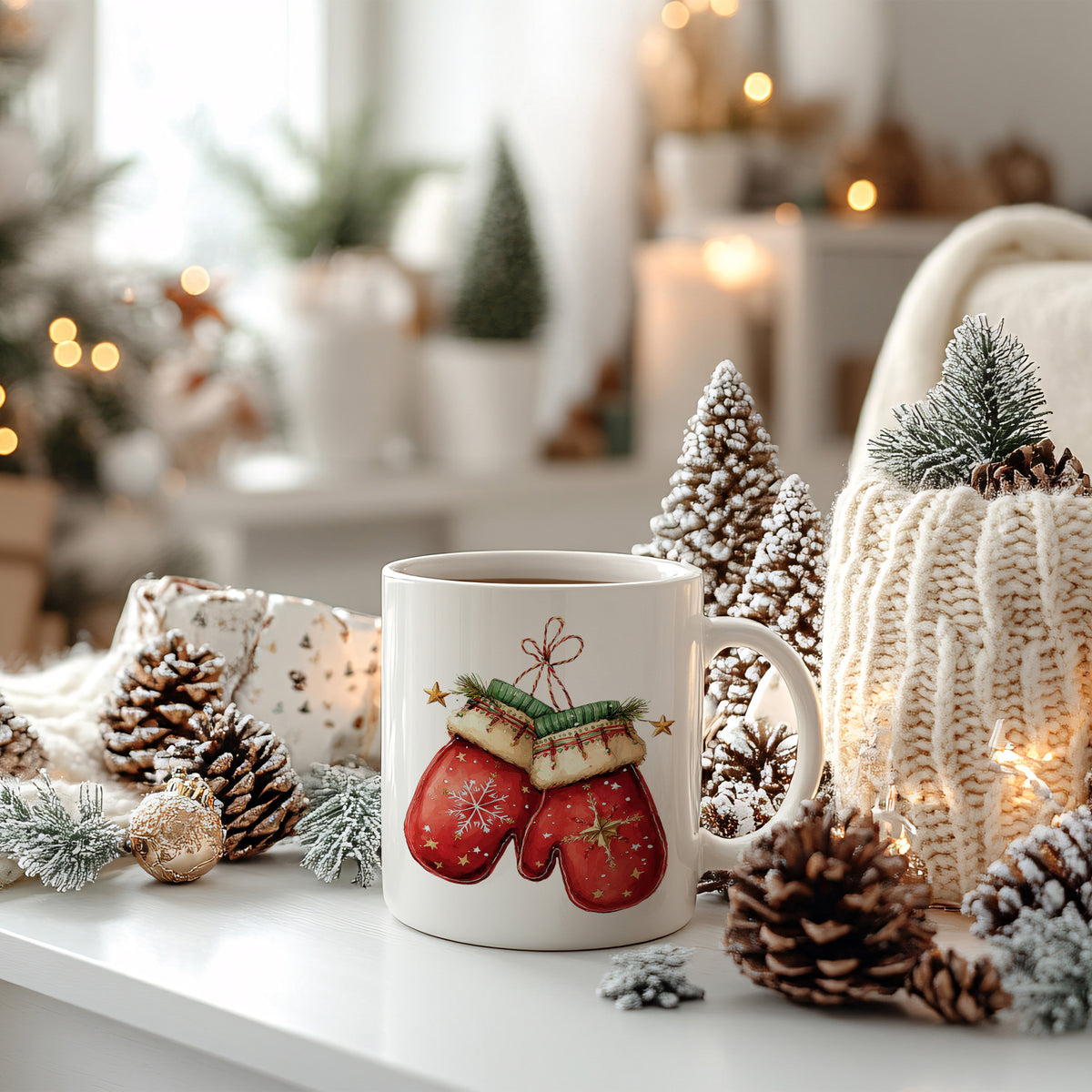 Tasse mit roten Handschuhen, winterliche Dekoration, Tannenzapfen.
