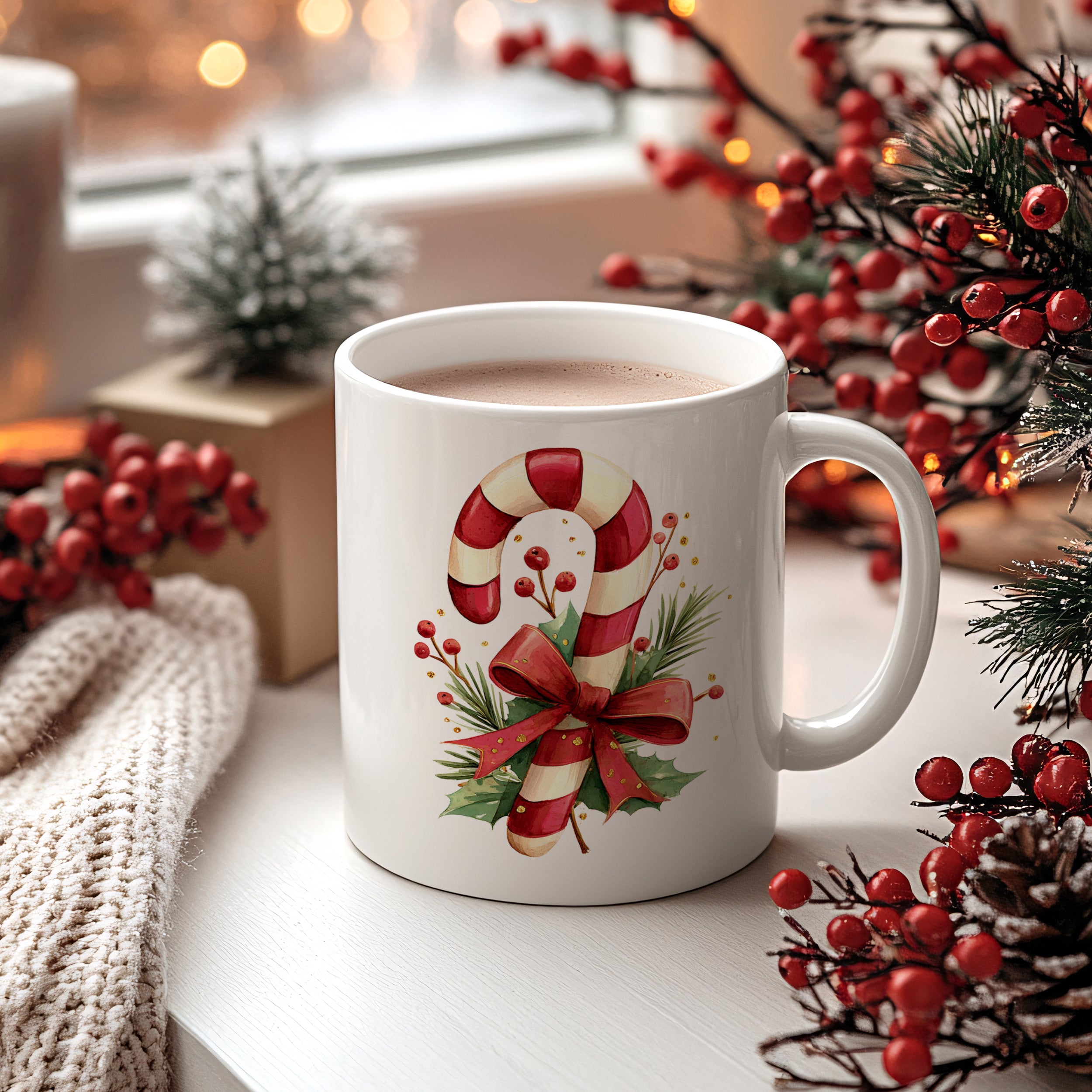 Weißer Becher mit Zuckerstange und Weihnachtsdekor.