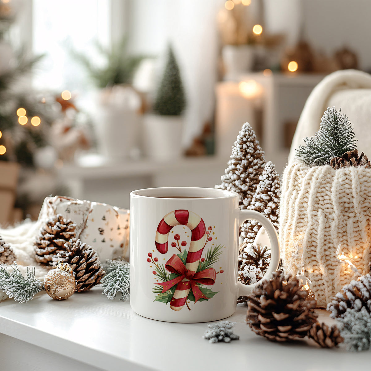 Weißer Becher mit Zuckerstange und Weihnachtsdekoration.