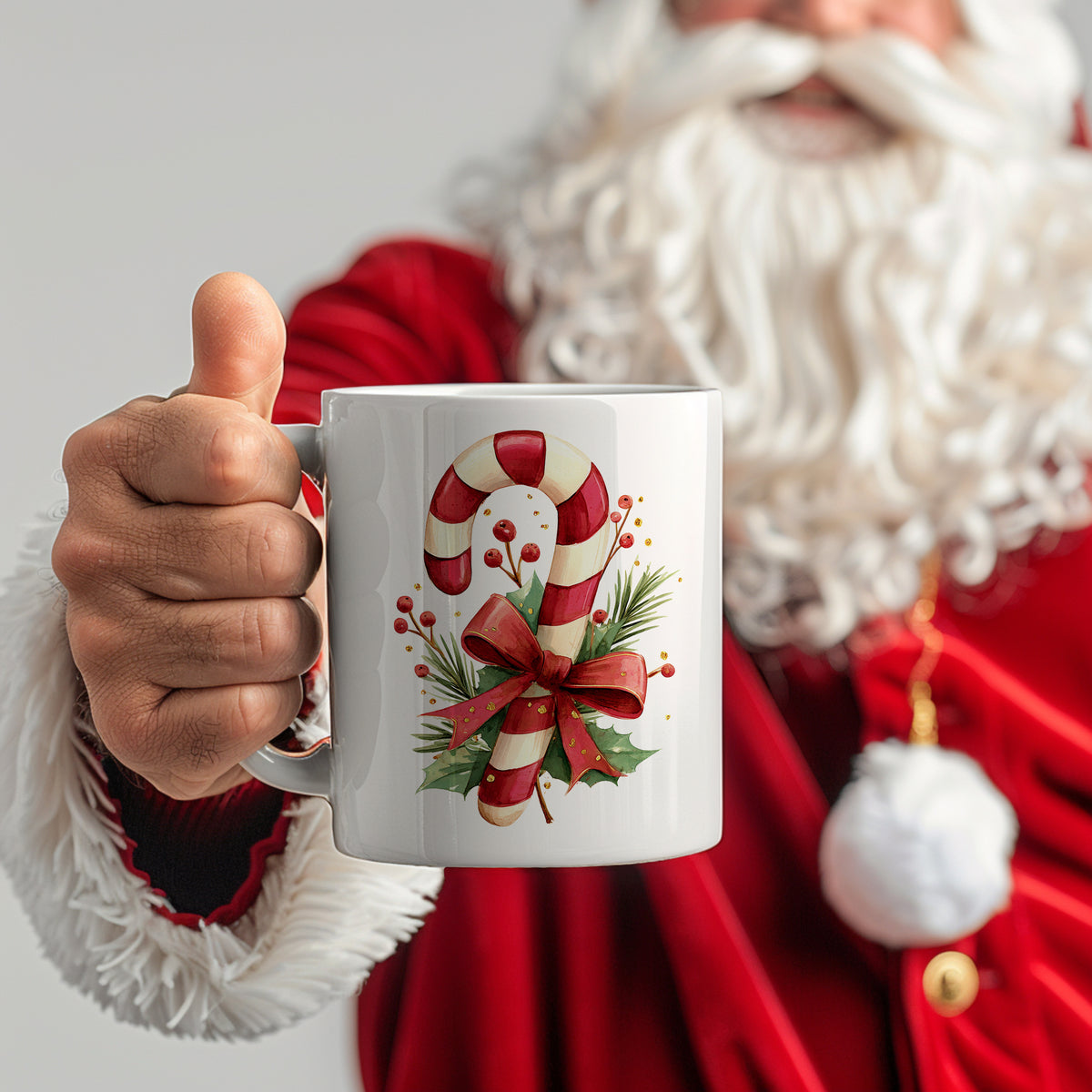 Weißer Becher mit Zuckerstangen-Design und Weihnachtsmotiven.