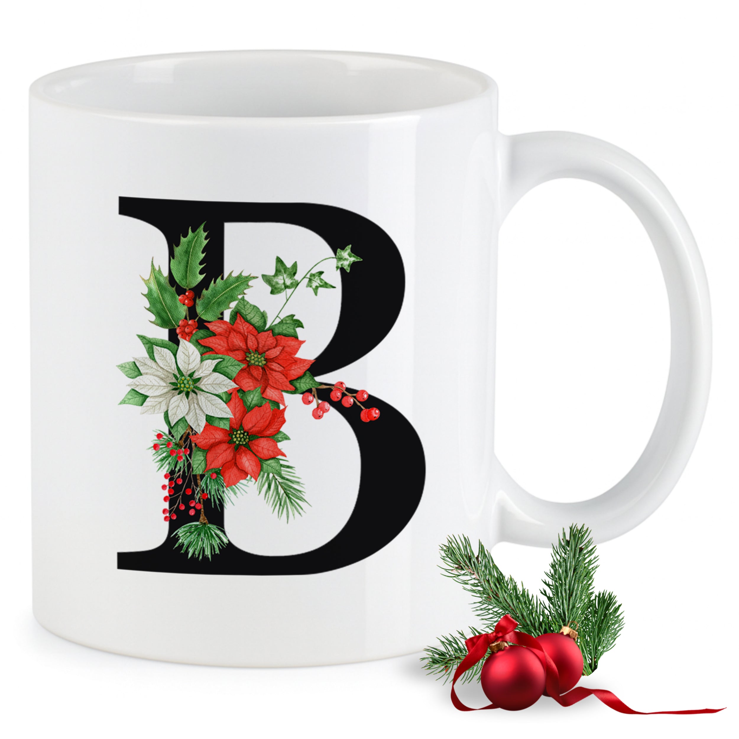 Weißer Becher mit schwarzem "B" und Weihnachtsblumen.