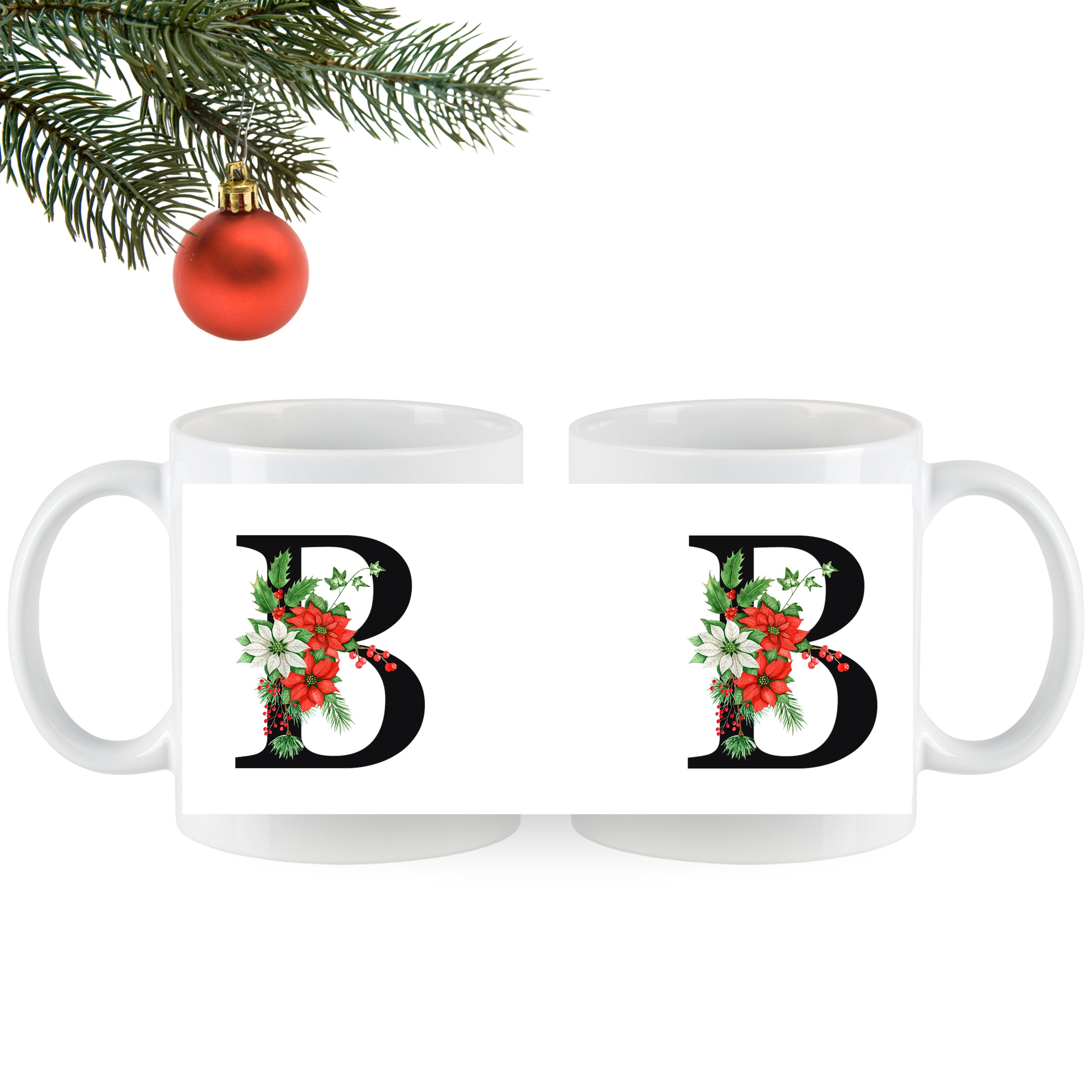 Weiße Tasse mit schwarzem "B" und floralen Motiven.