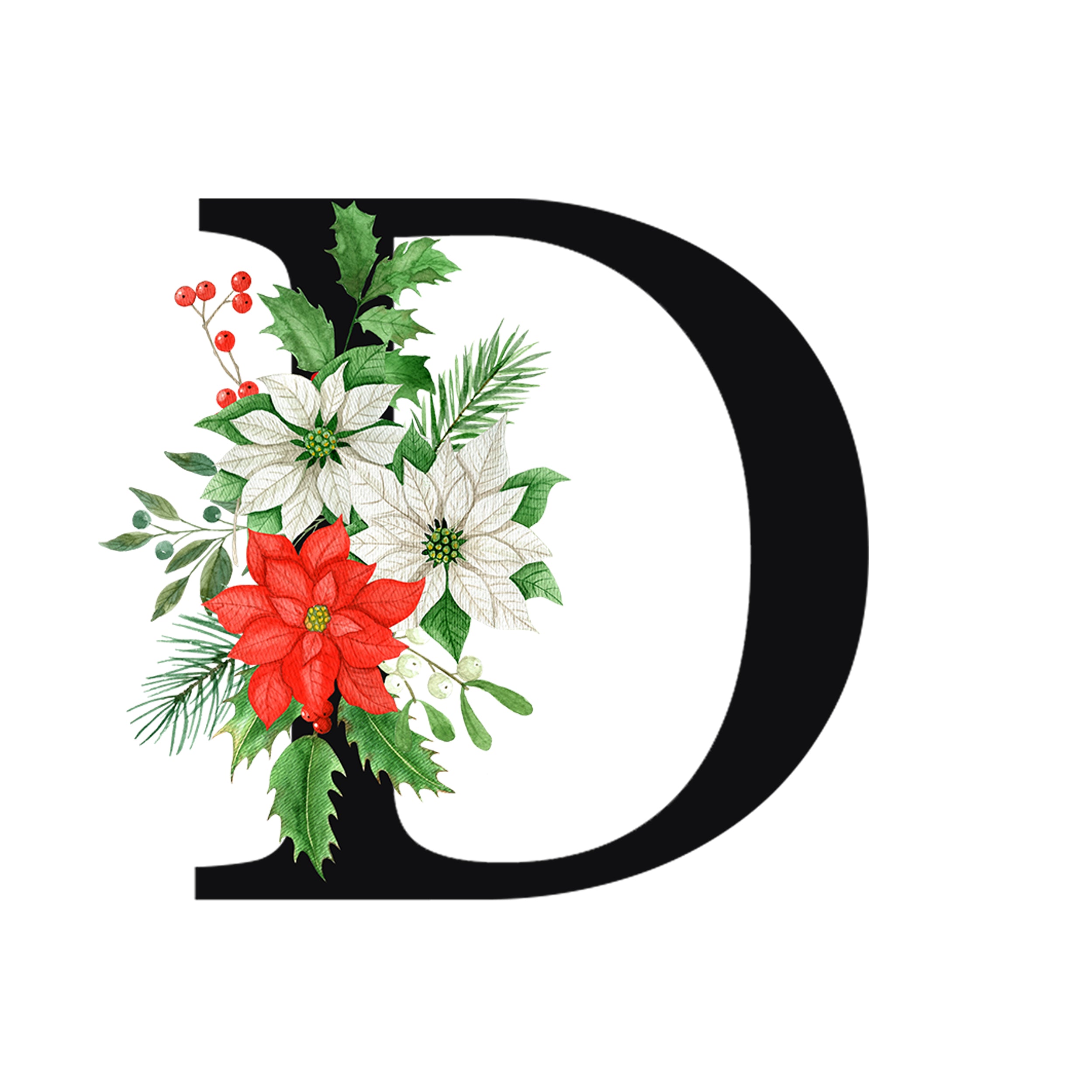 Schwarzer Buchstabe D mit roten und weißen Weihnachtsblumen.
