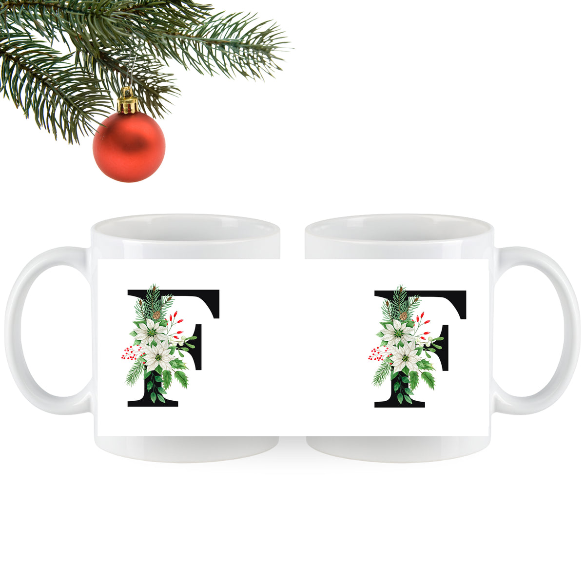 Weiße Tassen mit floralem Design und Buchstaben "F"
