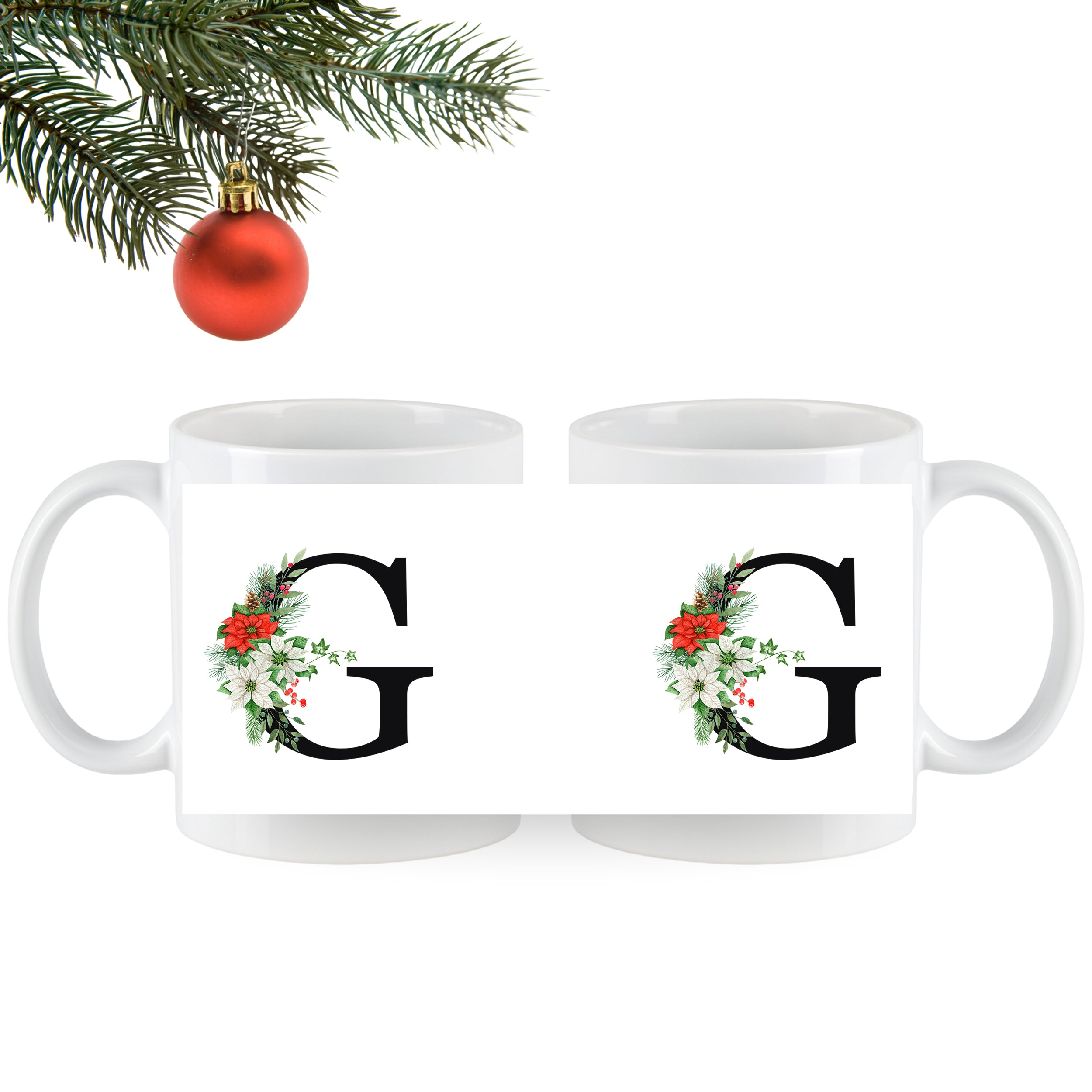 Weißer Kaffeebecher mit floralem G-Motiv und Weihnachtsakzenten.