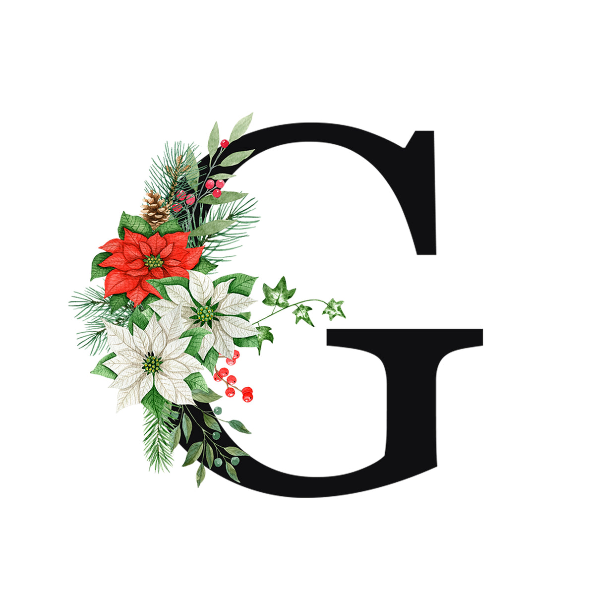 Schwarzes "G" mit Weihnachtsblumen und grünen Blättern.