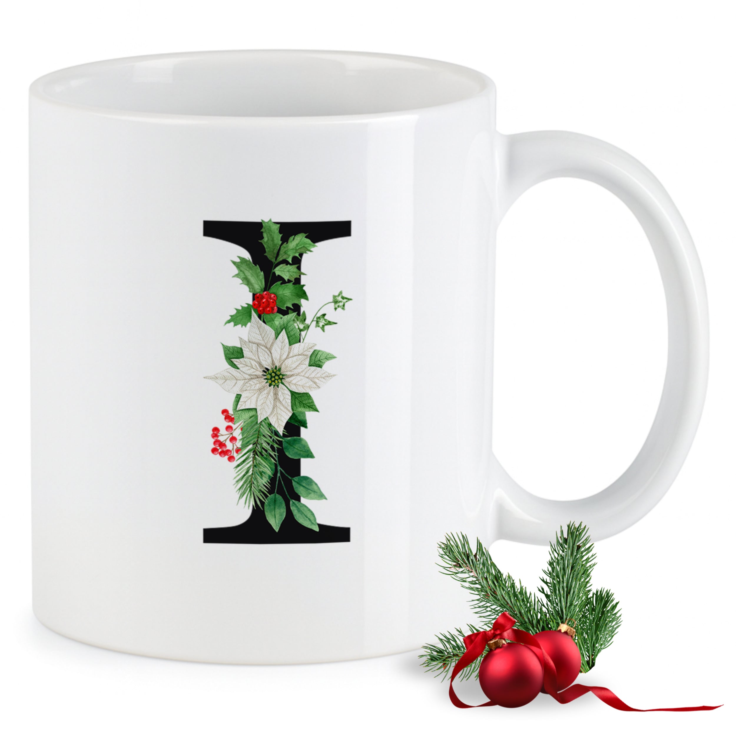 Weißer Becher mit floralen Weihnachtsmotiven und schwarzem "I".