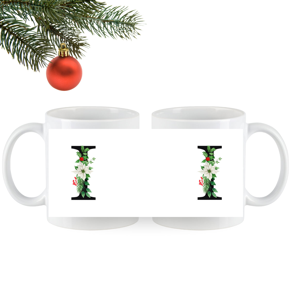 Weiße Tasse mit floralen Motiven und Weihnachtsakzenten.