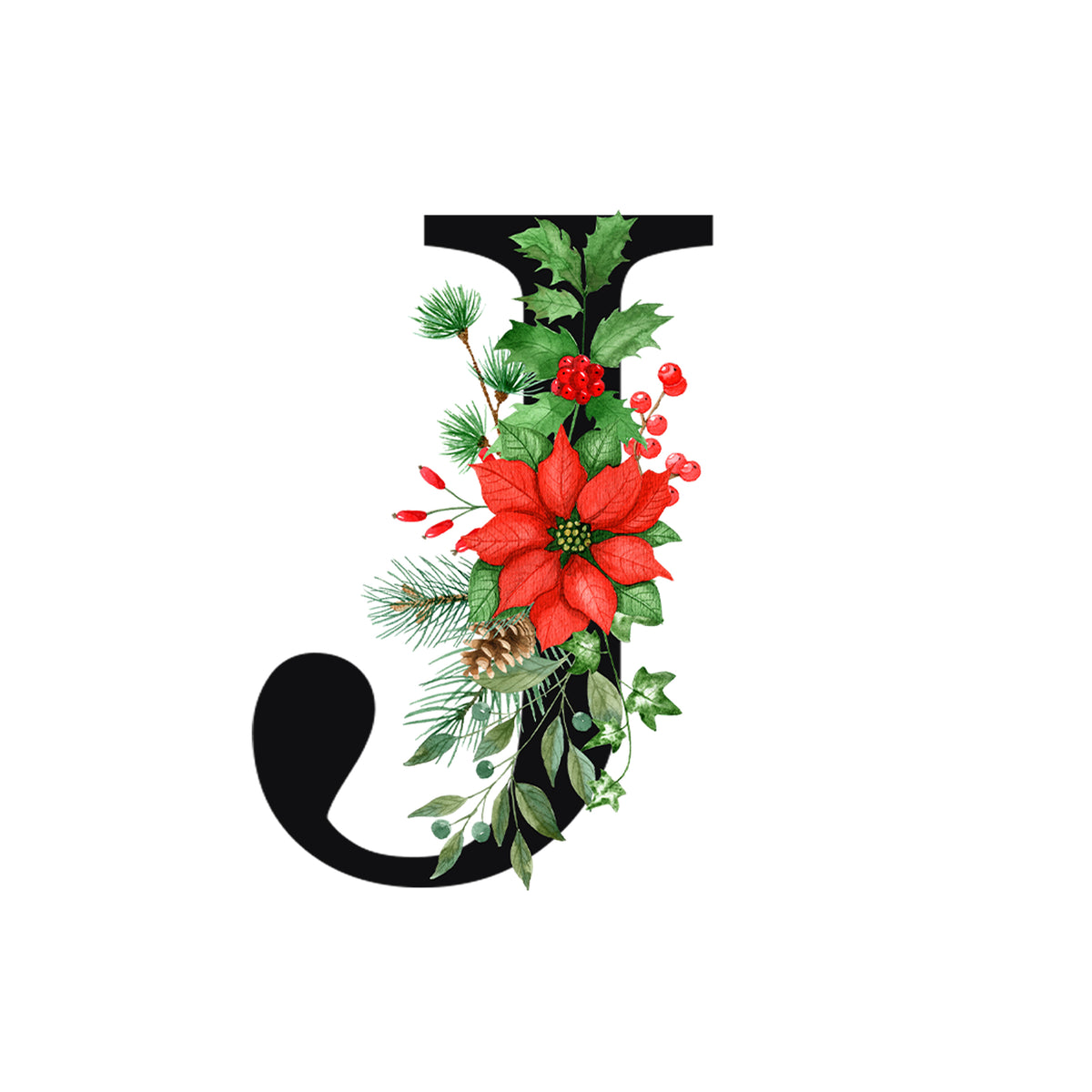 Schwarzer Buchstabe J mit roten Weihnachtsblumen und grünen Blättern.