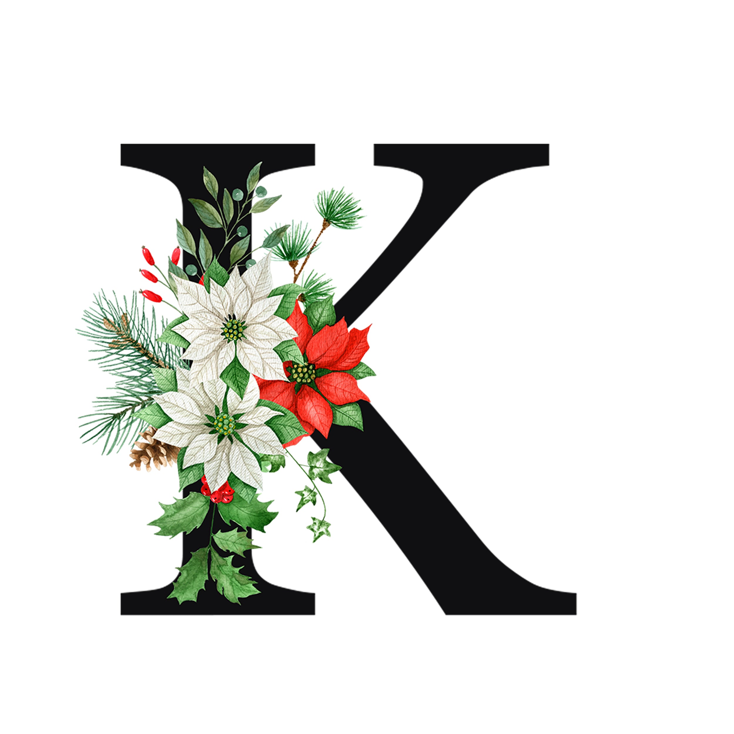 Schwarzes K mit Weihnachtsblumen in Rot und Weiß.