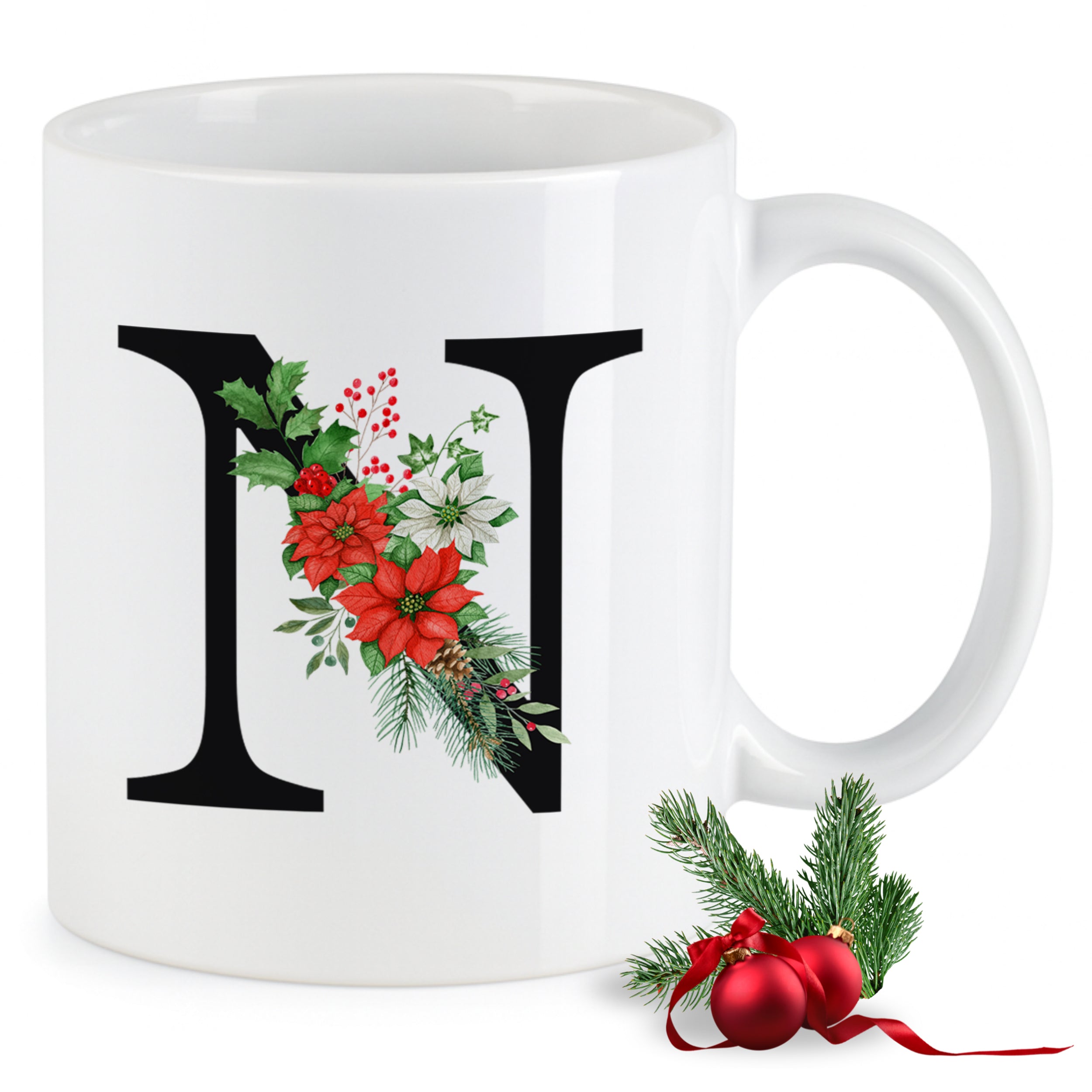 Weißer Kaffeebecher mit rotem Weihnachtsmotiv und Buchstaben N.