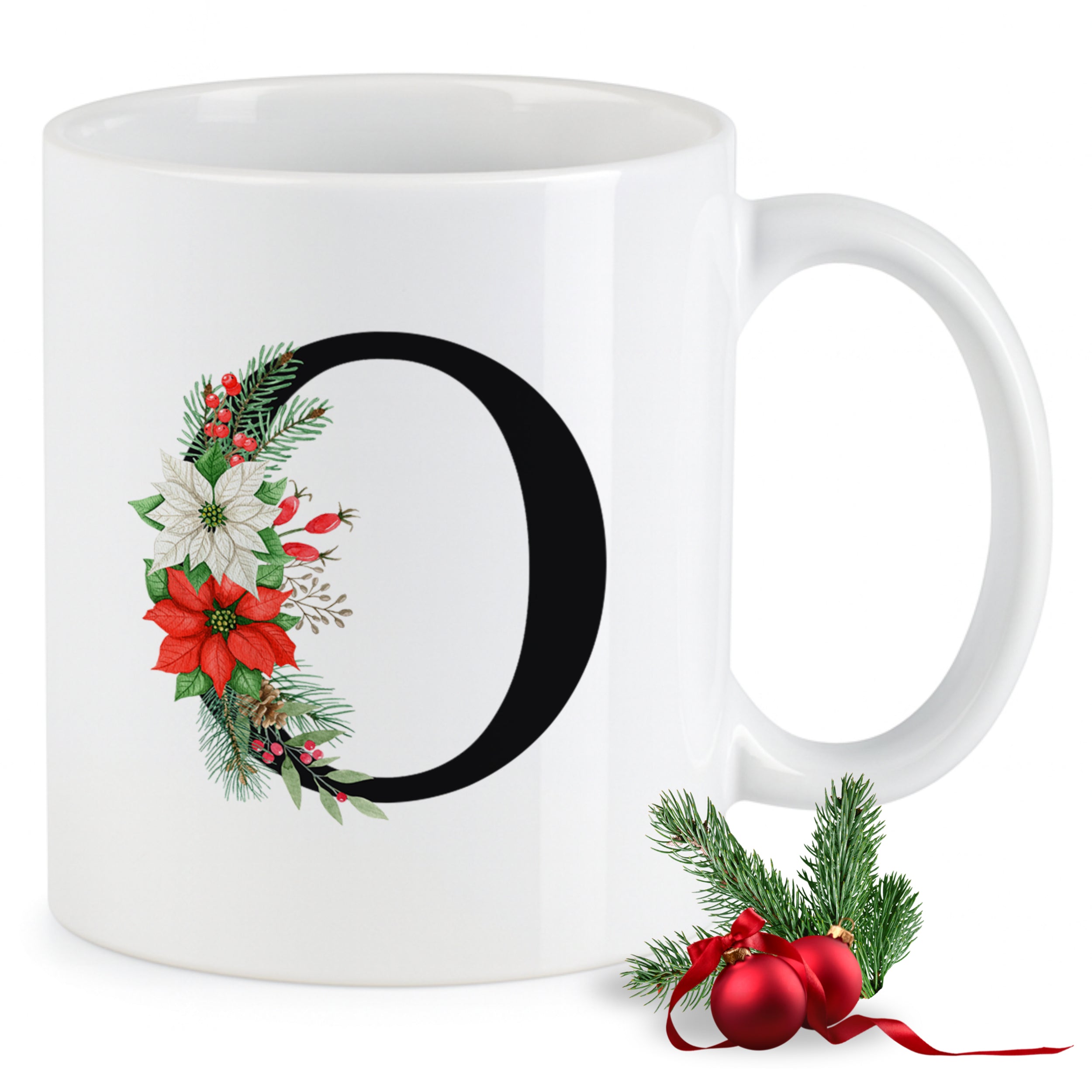 Weißer Becher mit Weihnachtskranz und rotem Punkt.