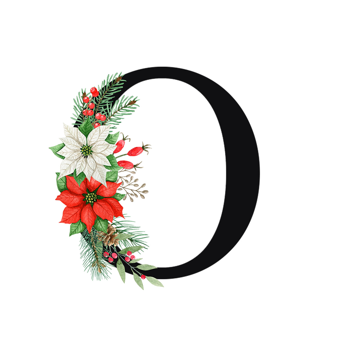 Schwarzes "O" mit roter und weißer Weihnachtsblumen-Dekoration.