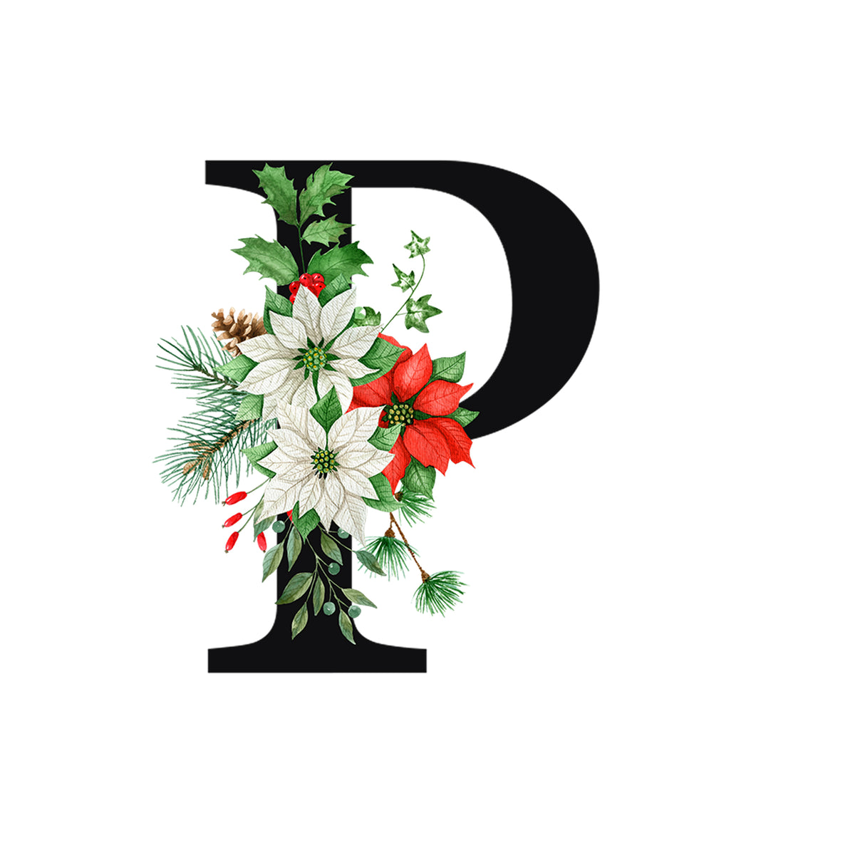 Schwarzer Buchstabe P mit Weihnachtsblumen und grünen Blättern.
