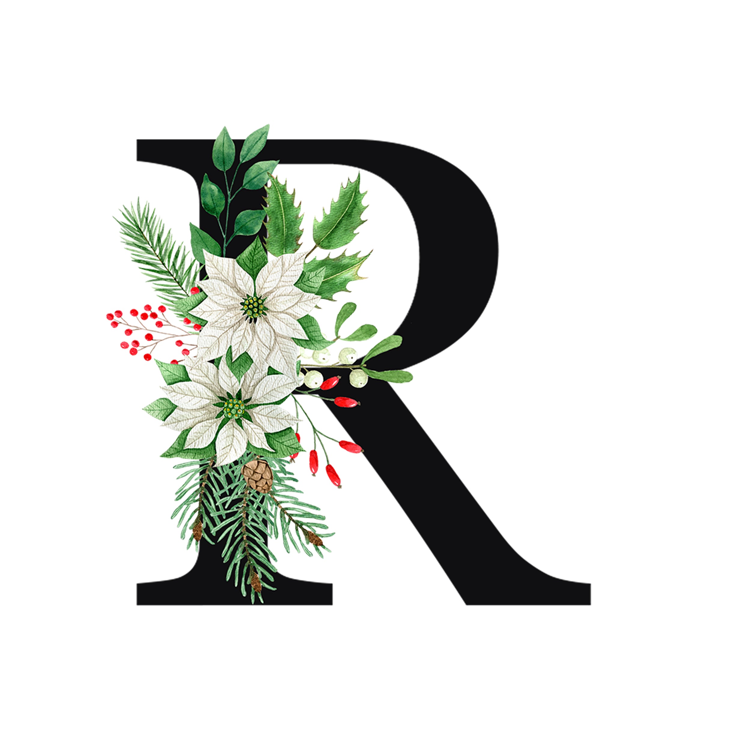 Schwarzer Buchstabe R mit weißen Weihnachtsblumen und grünen Blättern.